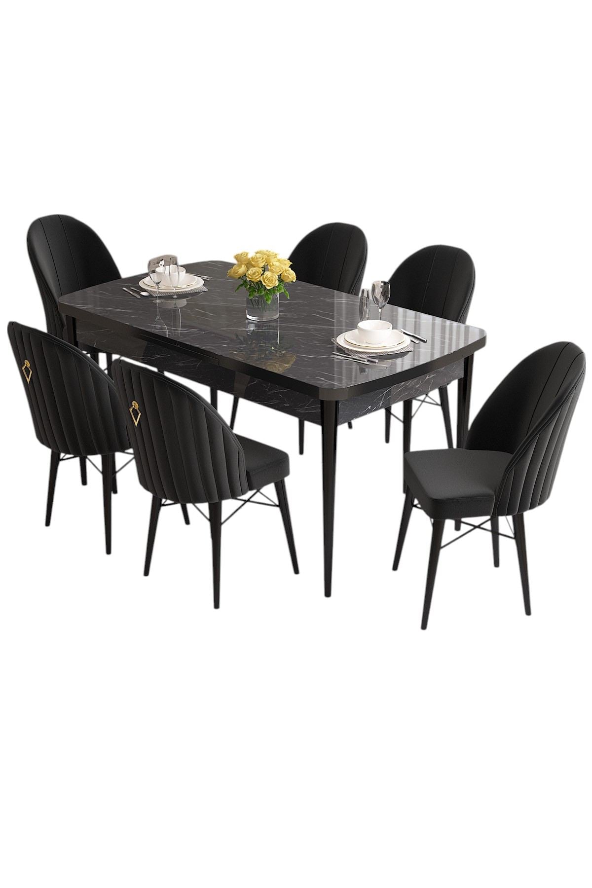 Conjunto de mesa de jantar extensível e cadeiras (7 peças)-Roz-Mármore Preto
Preto