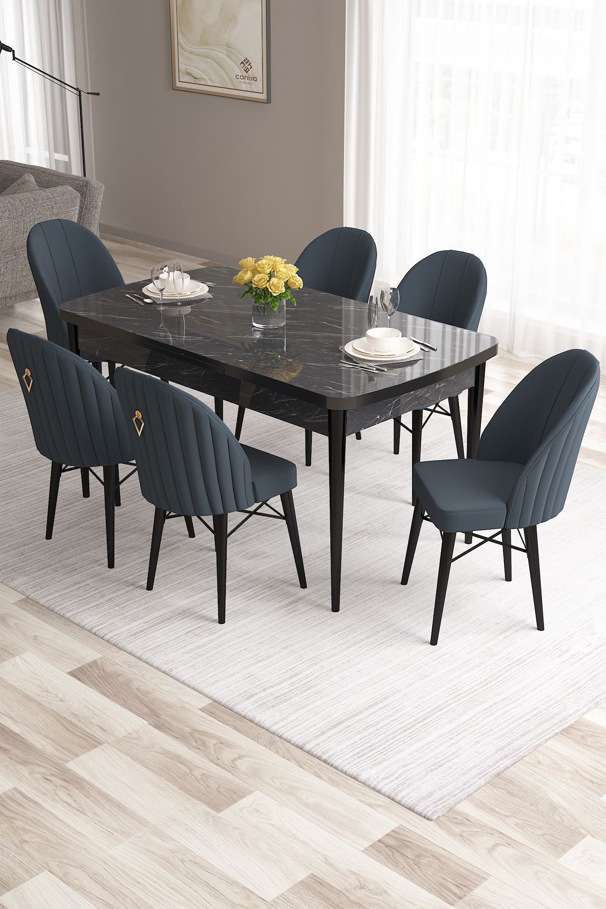 Conjunto de mesa de jantar extensível e cadeiras (7 peças)-Roz-Mármore Preto
Antracite