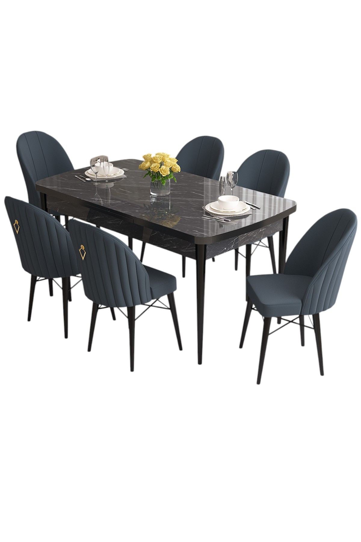 Conjunto de mesa de jantar extensível e cadeiras (7 peças)-Roz-Mármore Preto
Antracite