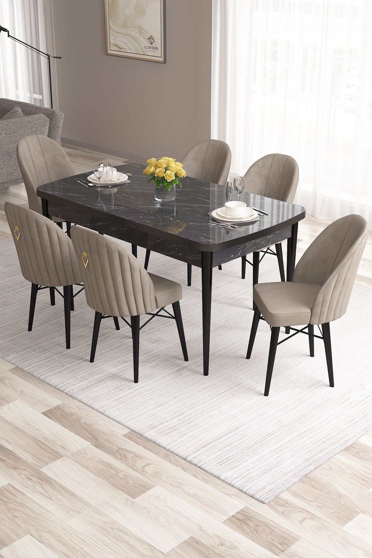 Conjunto de mesa de jantar extensível e cadeiras (7 peças)-Roz-Mármore Preto
Cappuccino