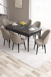 Conjunto de mesa de jantar extensível e cadeiras (7 peças) – 132 cm (fechada)/170 cm (aberta) x 78 cm x 80 cm – Mármore Preto e Cappuccino – MDF e metal