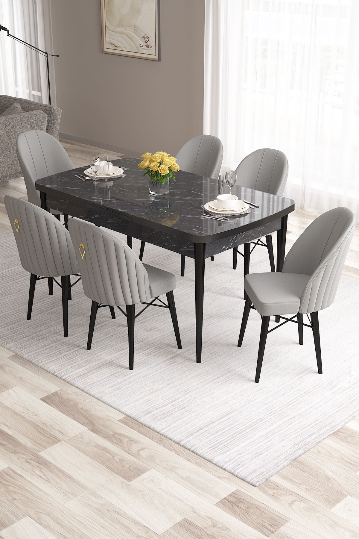 Conjunto de mesa de jantar extensível e cadeiras (7 peças)-Roz-Mármore Preto
Cinza