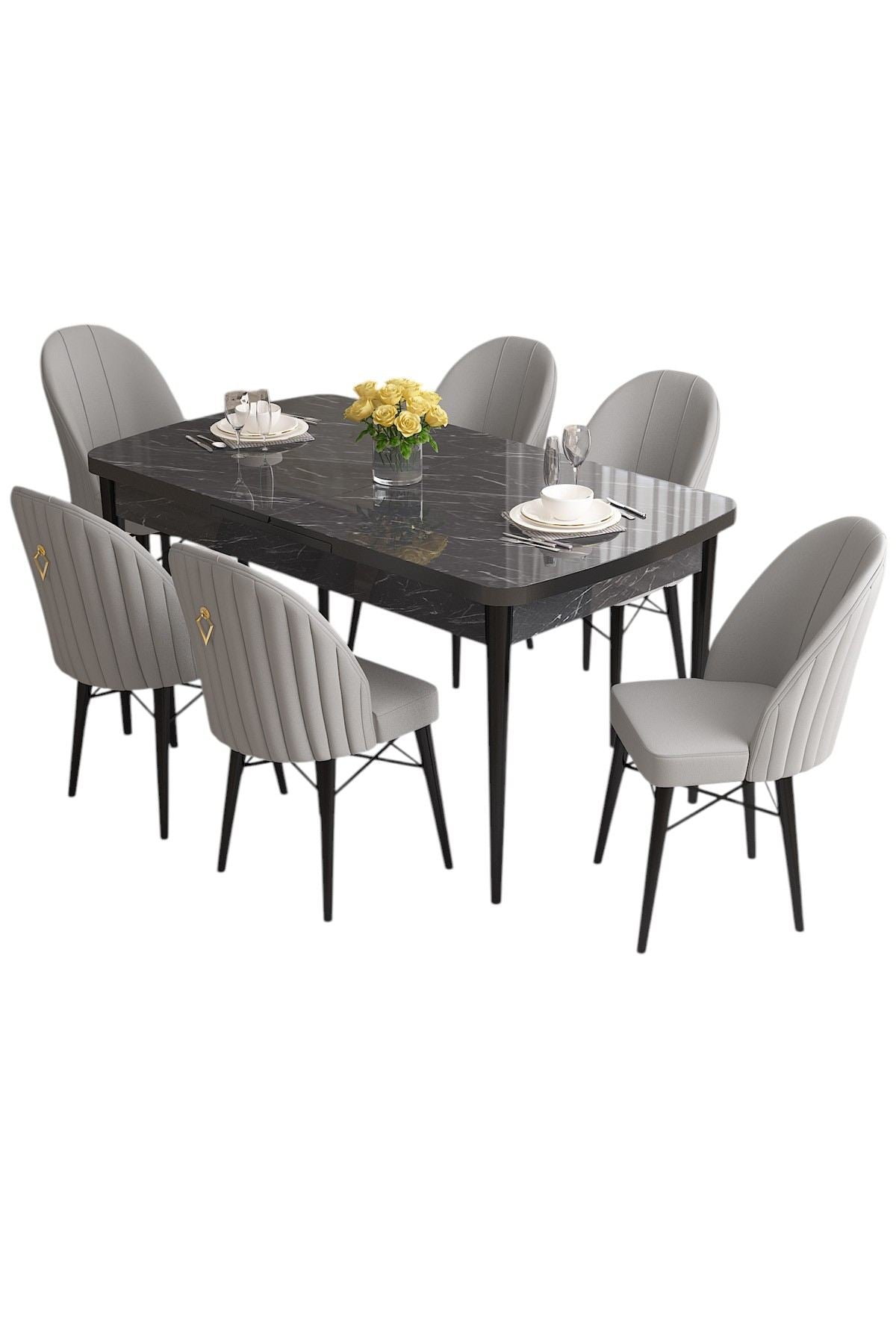 Conjunto de mesa de jantar extensível e cadeiras (7 peças)-Roz-Mármore Preto
Cinza
