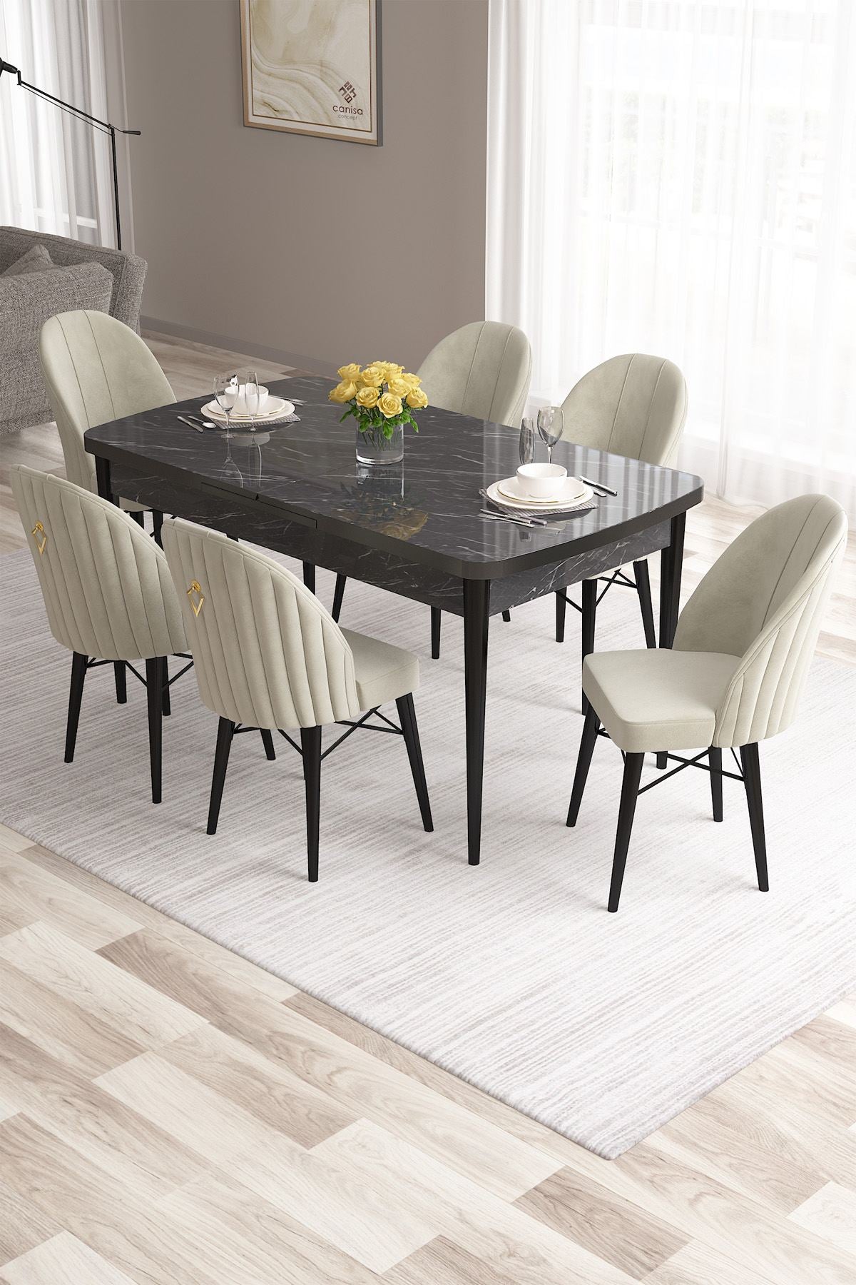 Conjunto de mesa de jantar extensível e cadeiras (7 peças)-Roz-Mármore Preto
Creme