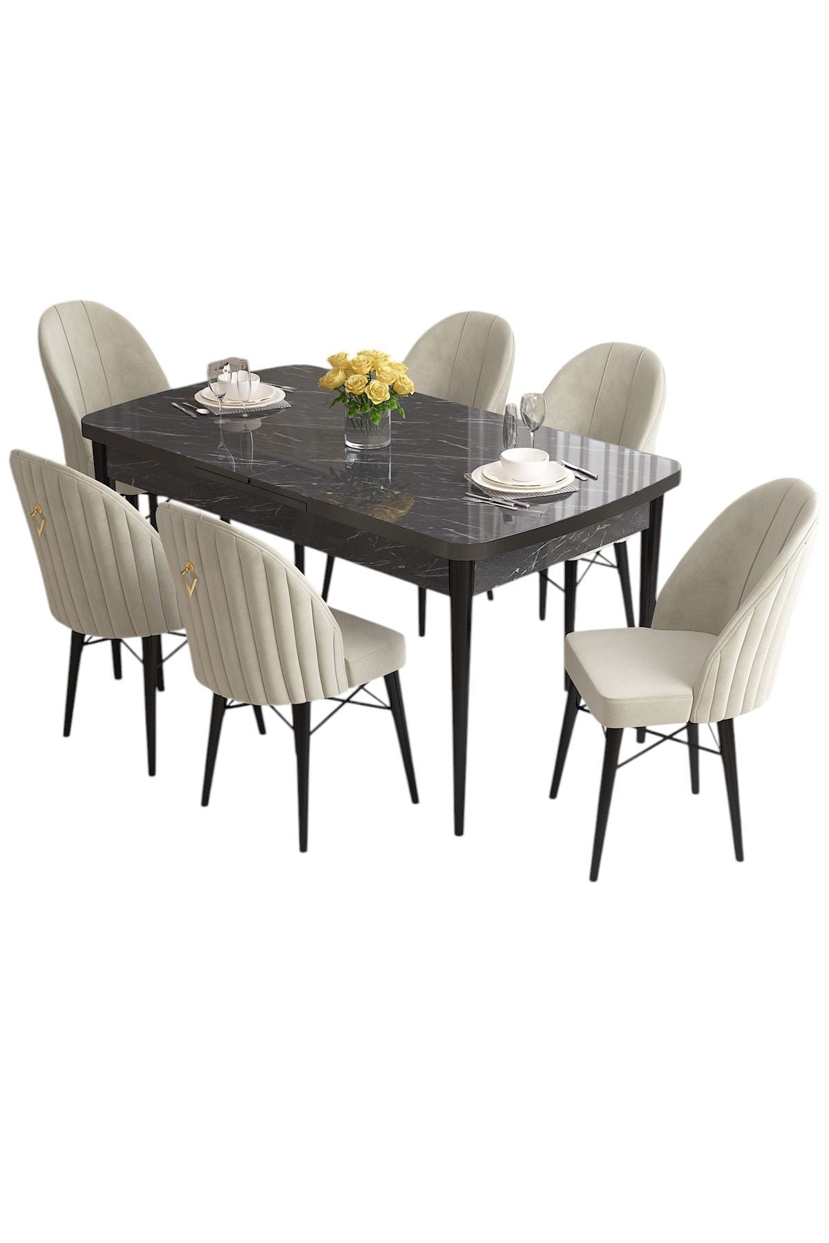 Conjunto de mesa de jantar extensível e cadeiras (7 peças)-Roz-Mármore Preto
Creme