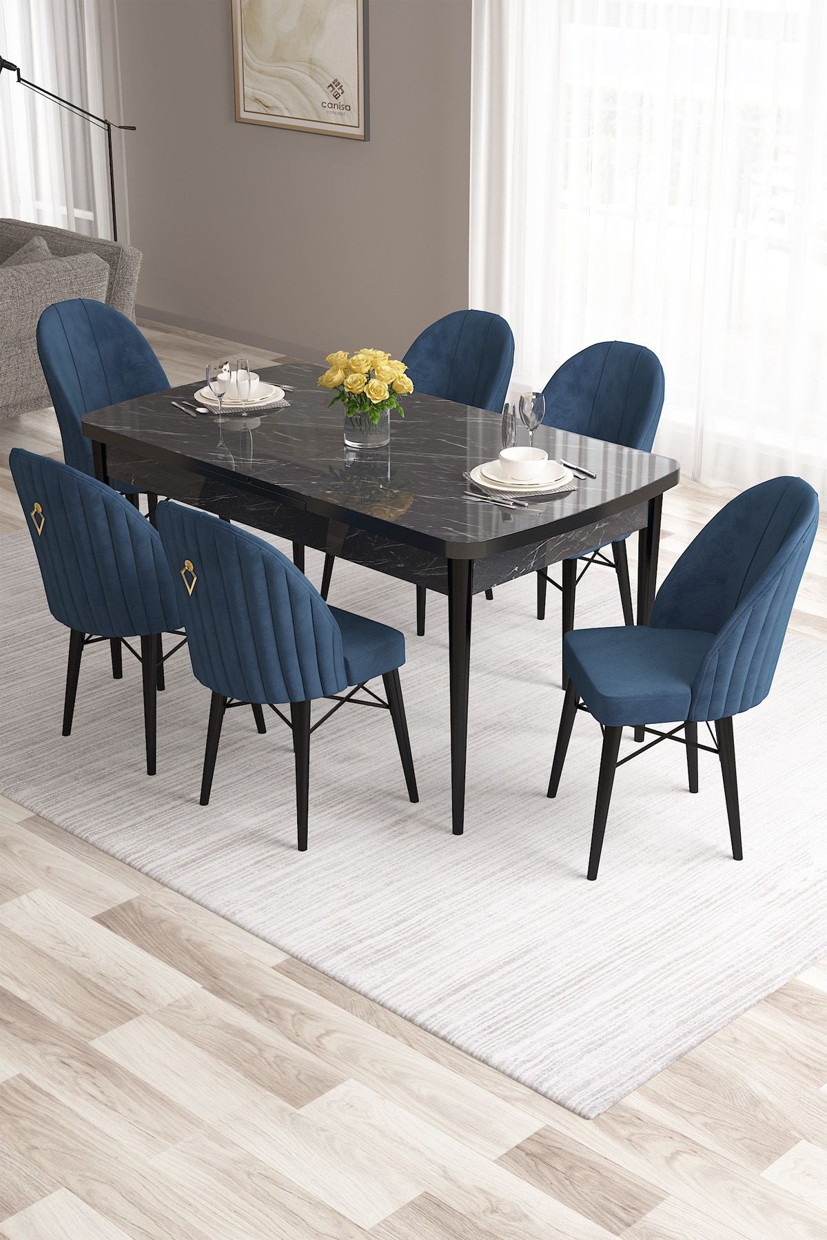 Conjunto de mesa de jantar extensível e cadeiras (7 peças)-Roz-Mármore Preto
Azul Marinho