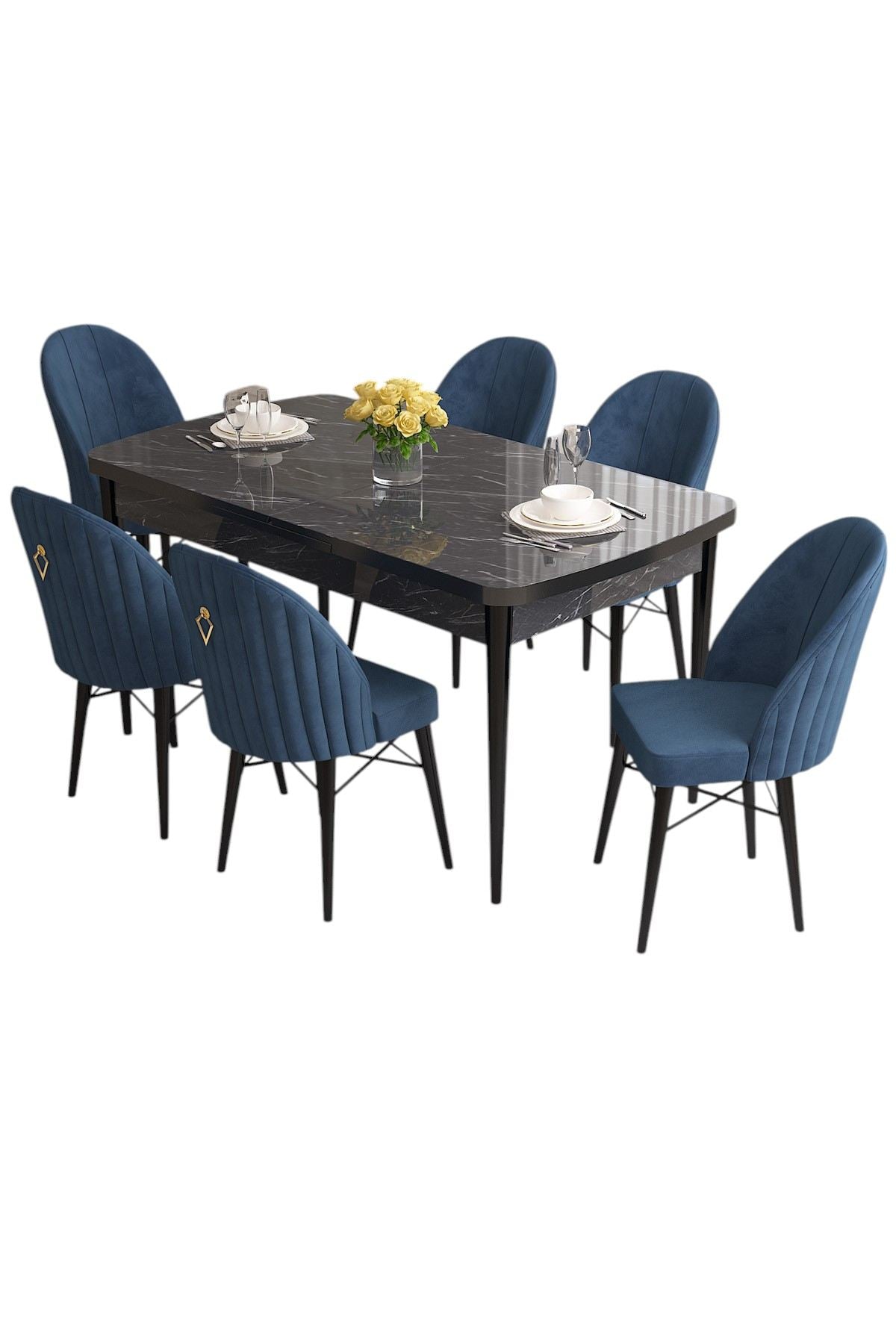 Conjunto de mesa de jantar extensível e cadeiras (7 peças)-Roz-Mármore Preto
Azul Marinho