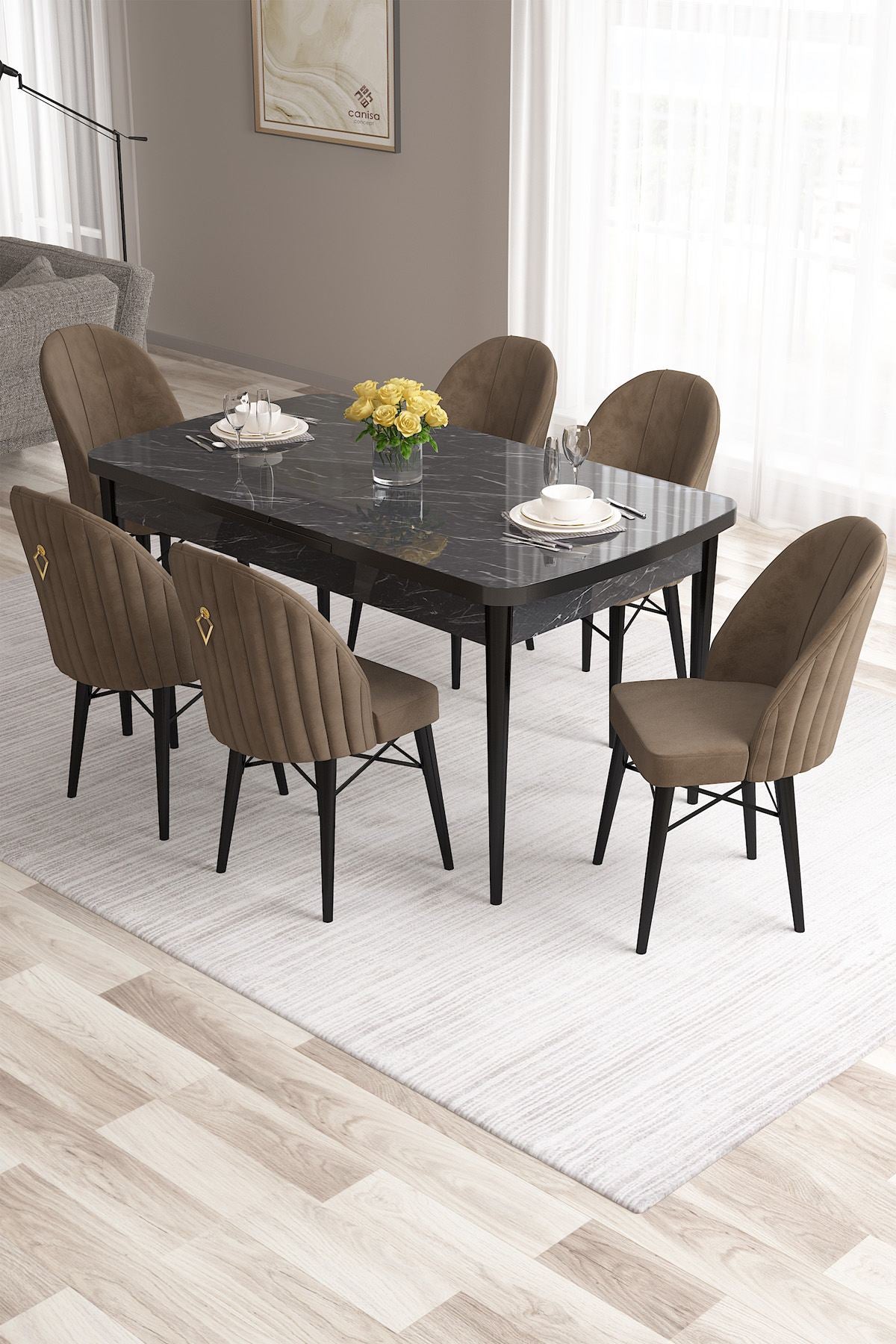 Conjunto de mesa de jantar extensível e cadeiras (7 peças)-Roz-Mármore Preto
Marrom