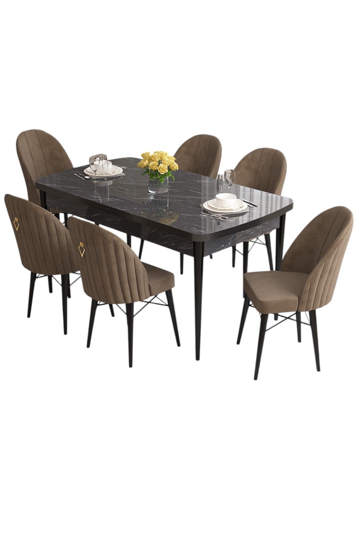 Conjunto de mesa de jantar extensível e cadeiras (7 peças)-Roz-Mármore Preto
Marrom