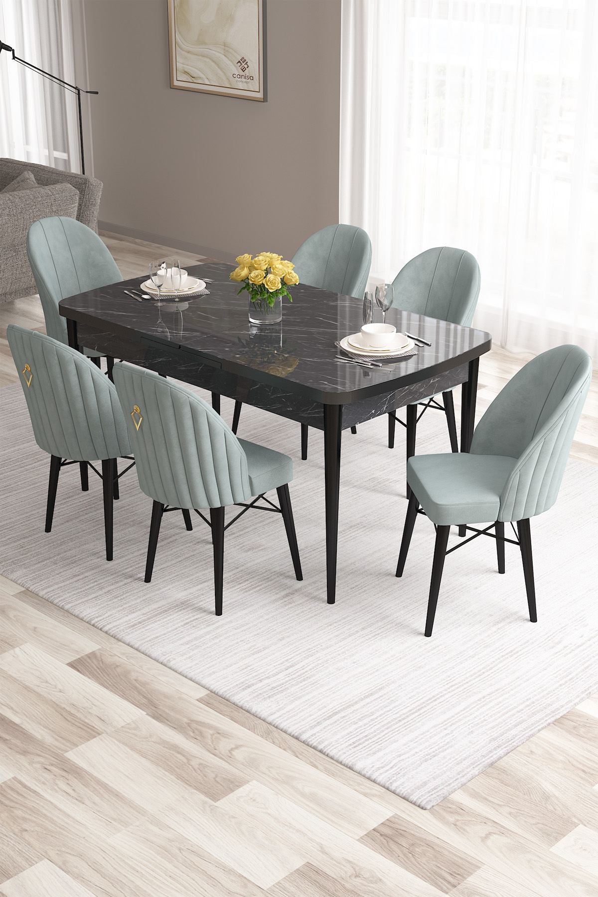 Conjunto de mesa de jantar extensível e cadeiras (7 peças)-Roz-Mármore Preto
Verde Mar