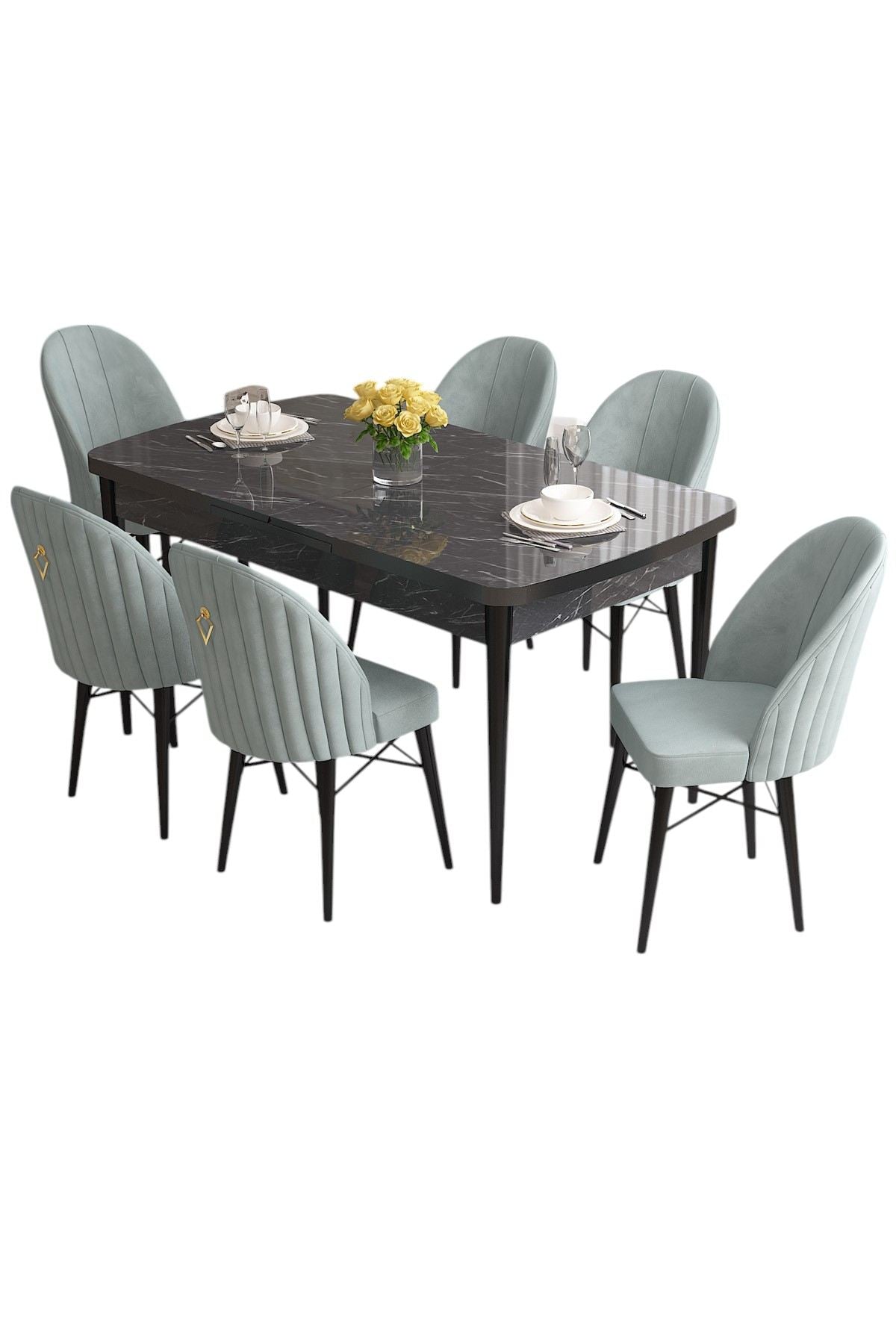 Conjunto de mesa de jantar extensível e cadeiras (7 peças)-Roz-Mármore Preto
Verde Mar