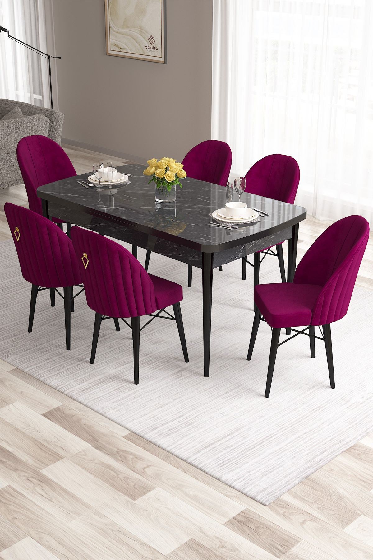 Conjunto de mesa de jantar extensível e cadeiras (7 peças)-Roz-Mármore Preto
Ameixa