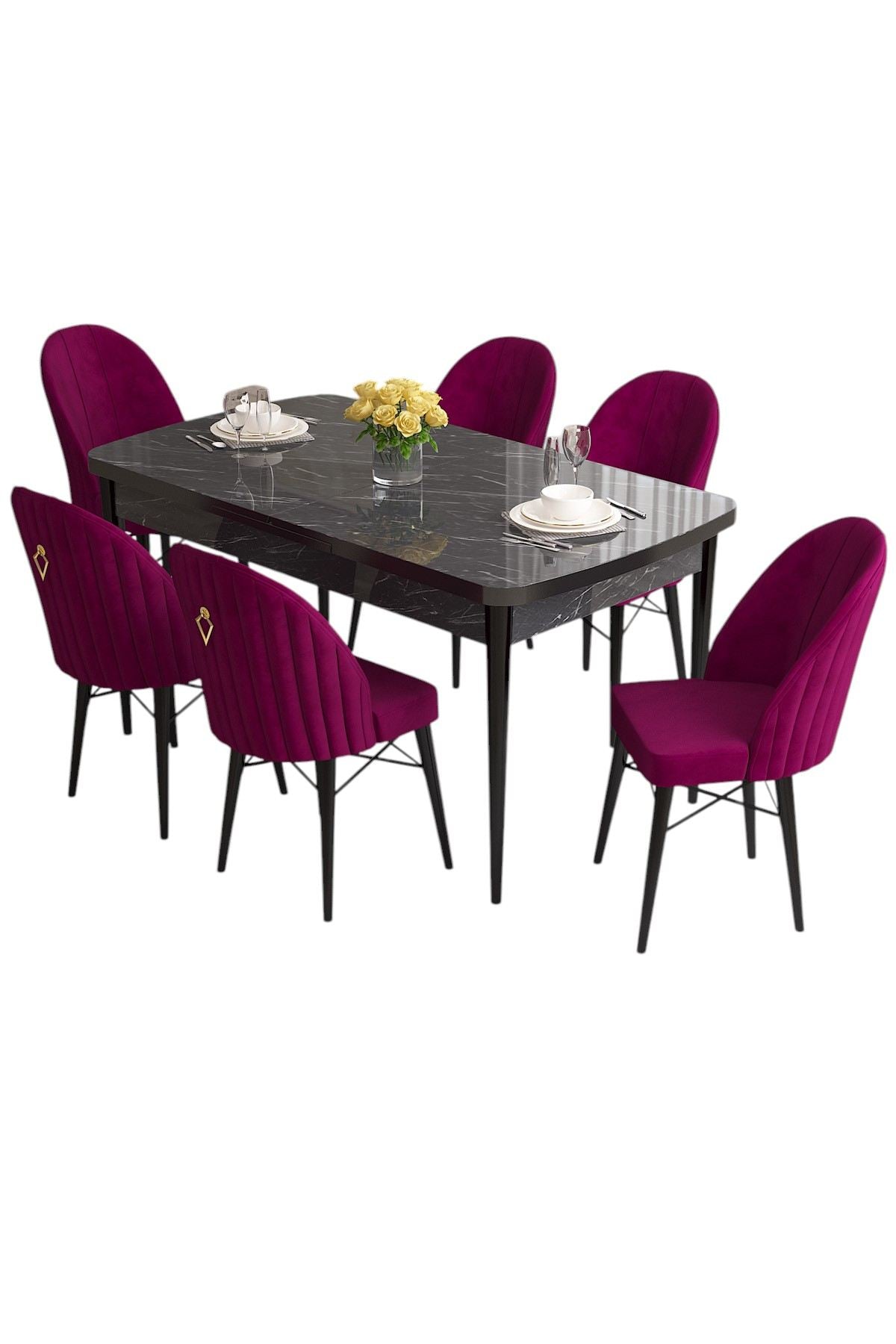 Conjunto de mesa de jantar extensível e cadeiras (7 peças)-Roz-Mármore Preto
Ameixa
