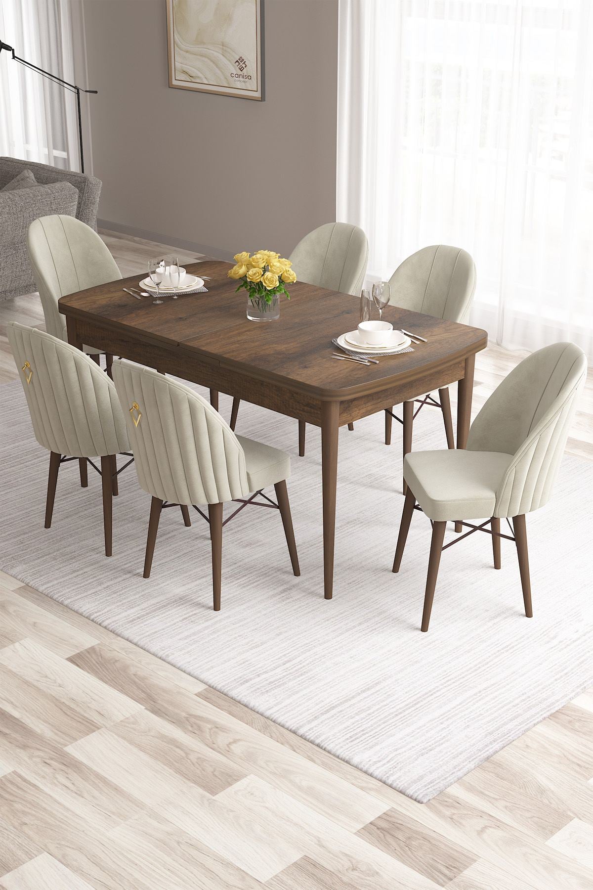 Conjunto de mesa de jantar extensível e cadeiras (7 peças)-Roz-Barroco
Creme