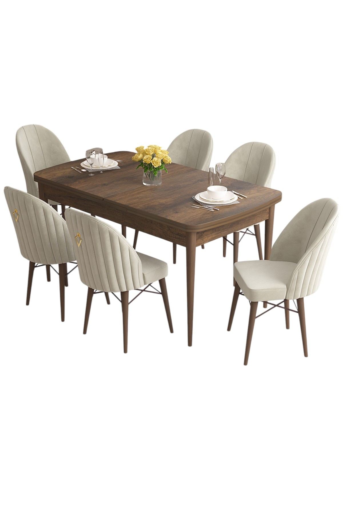 Conjunto de mesa de jantar extensível e cadeiras (7 peças)-Roz-Barroco
Creme