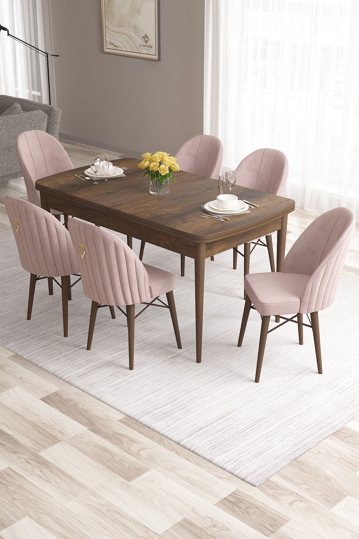 Conjunto de mesa de jantar extensível e cadeiras (7 peças)-Roz-Barroco
Rosa