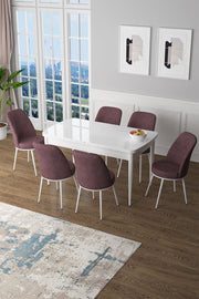 Conjunto de mesa de jantar extensível e cadeiras – 132 cm / 170 cm – Branco e Rosa Envelhecido – MDF e metal