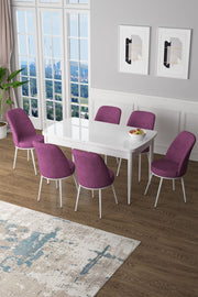 Conjunto de mesa de jantar extensível e cadeiras (7 peças) – 132 cm / 170 cm x 78 cm x 80 cm – Branco e Roxo – MDF com pernas de metal