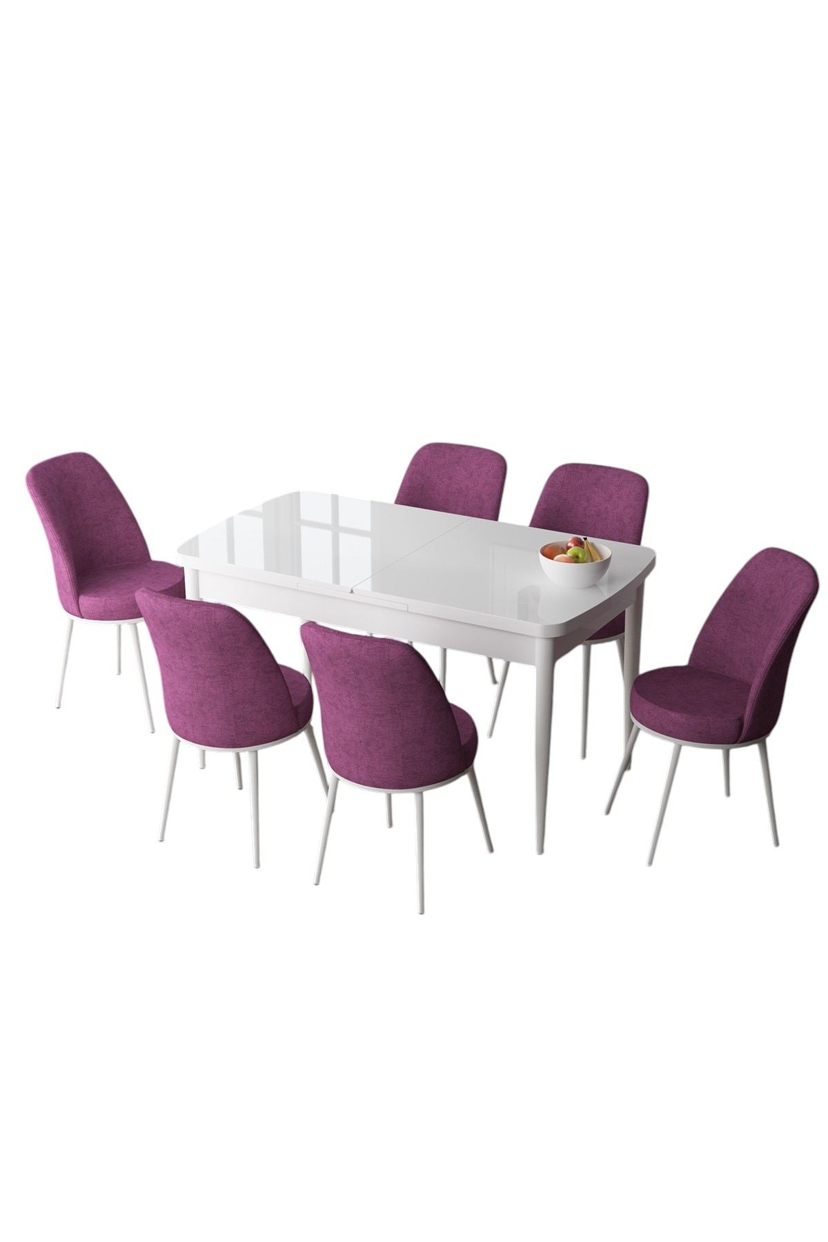 Conjunto de mesa de jantar extensível e cadeiras (7 peças) – 132 cm / 170 cm x 78 cm x 80 cm – Branco e Roxo – MDF com pernas de metal