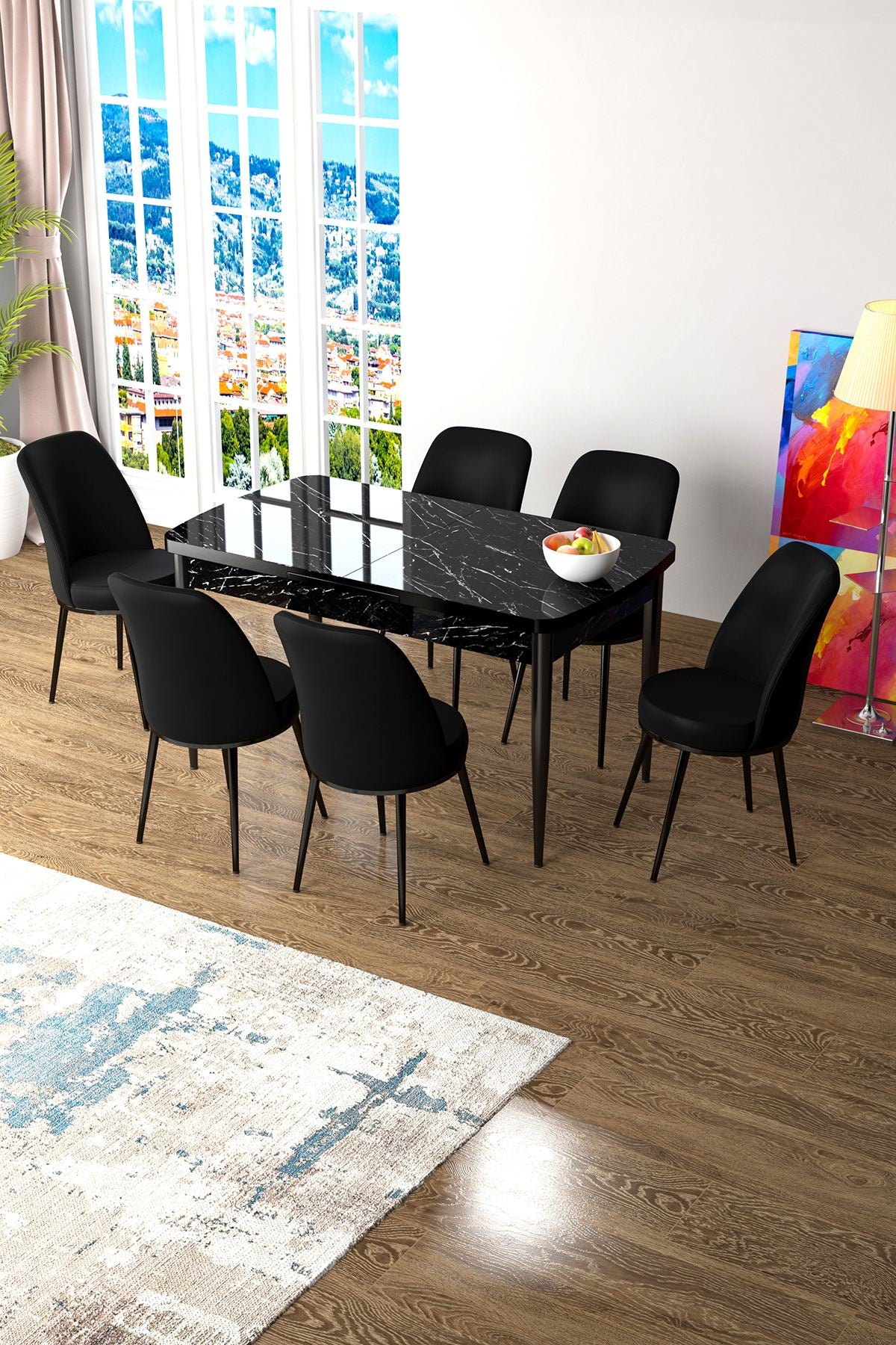 Conjunto de mesa de jantar extensível e cadeiras (7 peças)-Zen-Mármore Preto
Preto