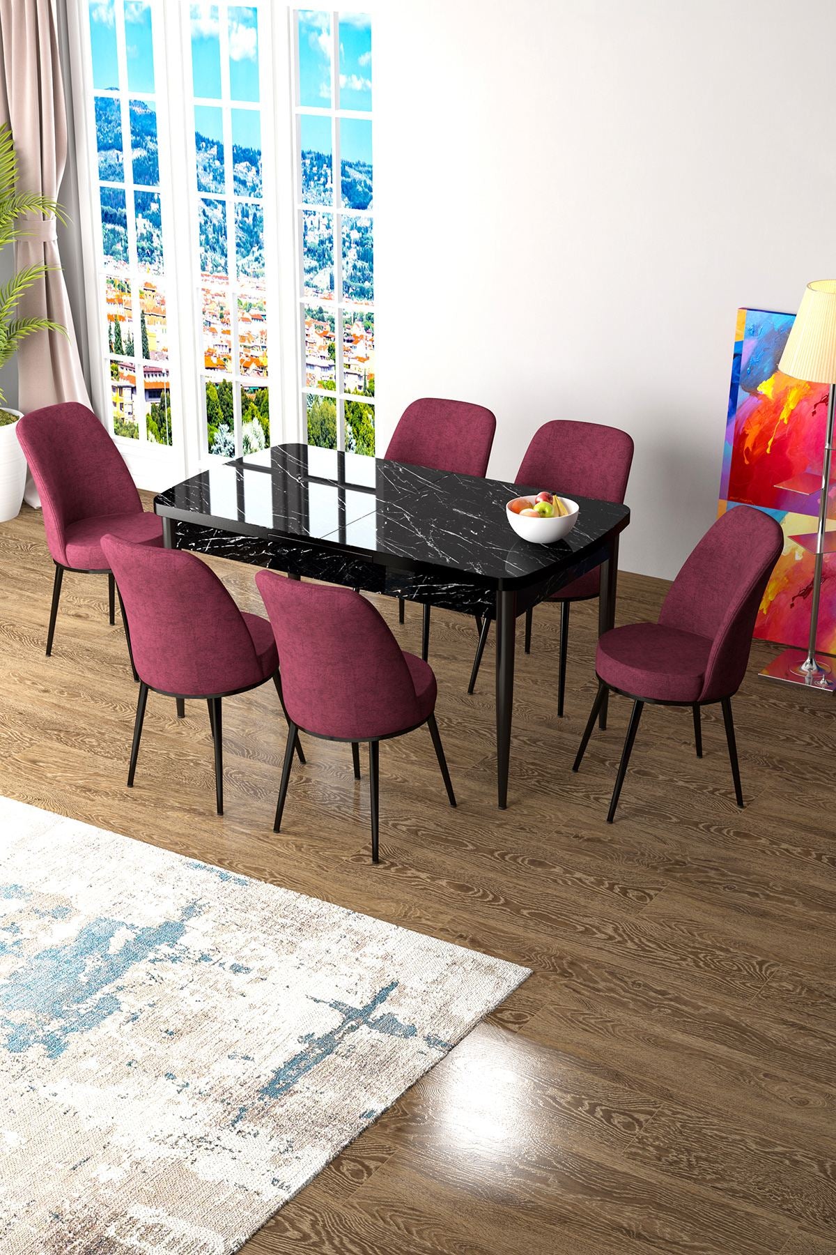 Conjunto de mesa de jantar extensível e cadeiras (7 peças)-Zen-Mármore Preto
Borgonha