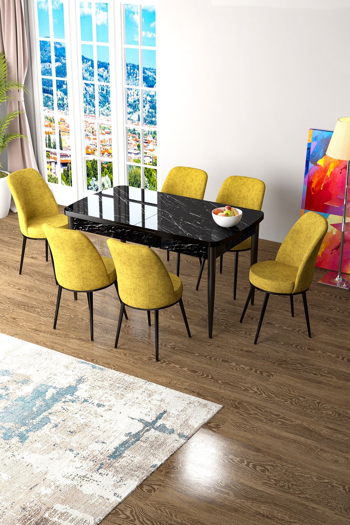 Conjunto de mesa de jantar extensível e cadeiras (7 peças)-Zen-Mármore Preto
Mostarda