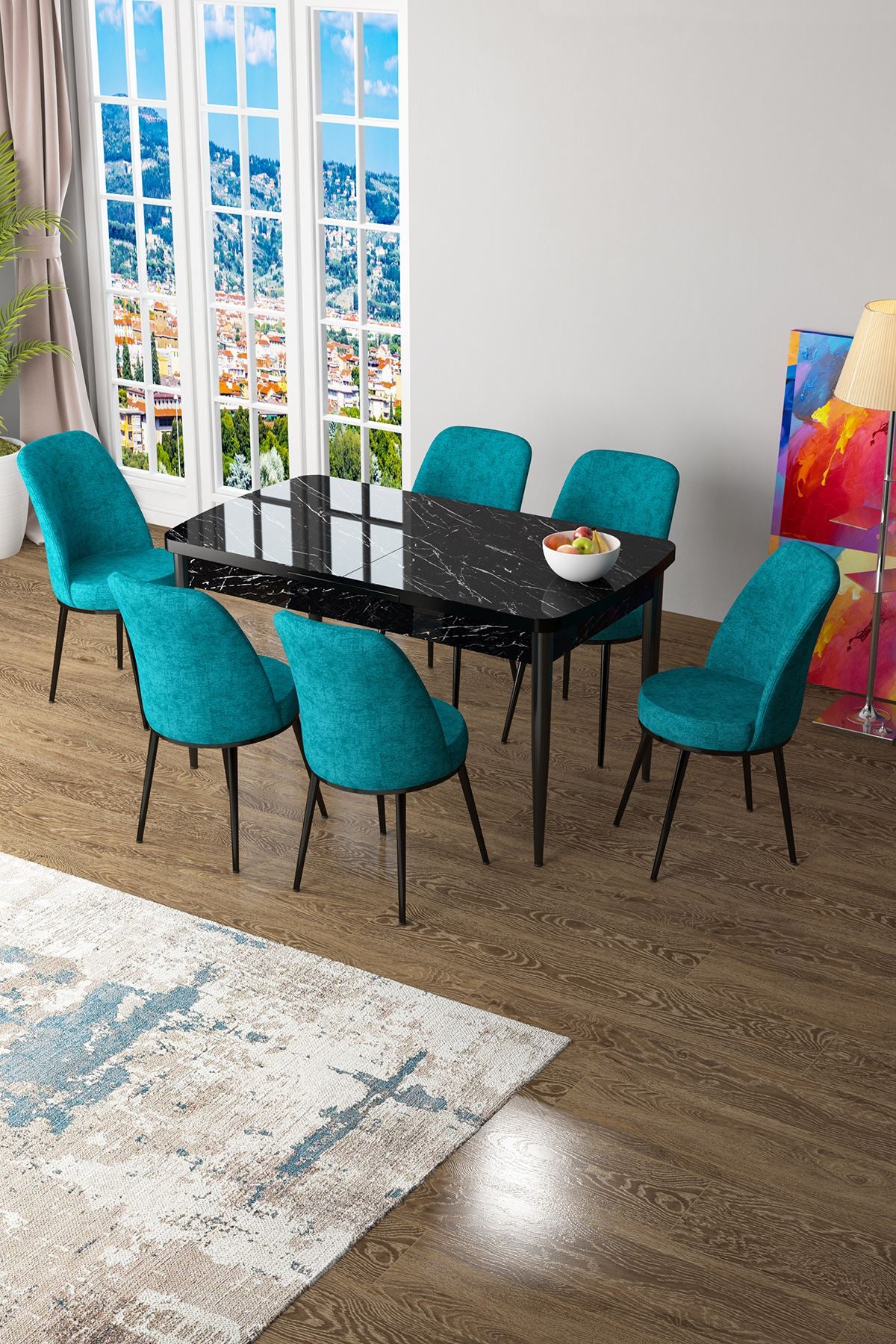 Conjunto de mesa de jantar extensível e cadeiras (7 peças)-Zen-Mármore Preto
Turquesa