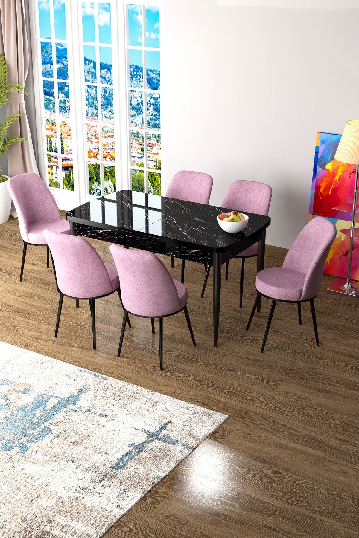 Conjunto de mesa de jantar extensível e cadeiras (7 peças)-Zen-Mármore Preto
Rosa