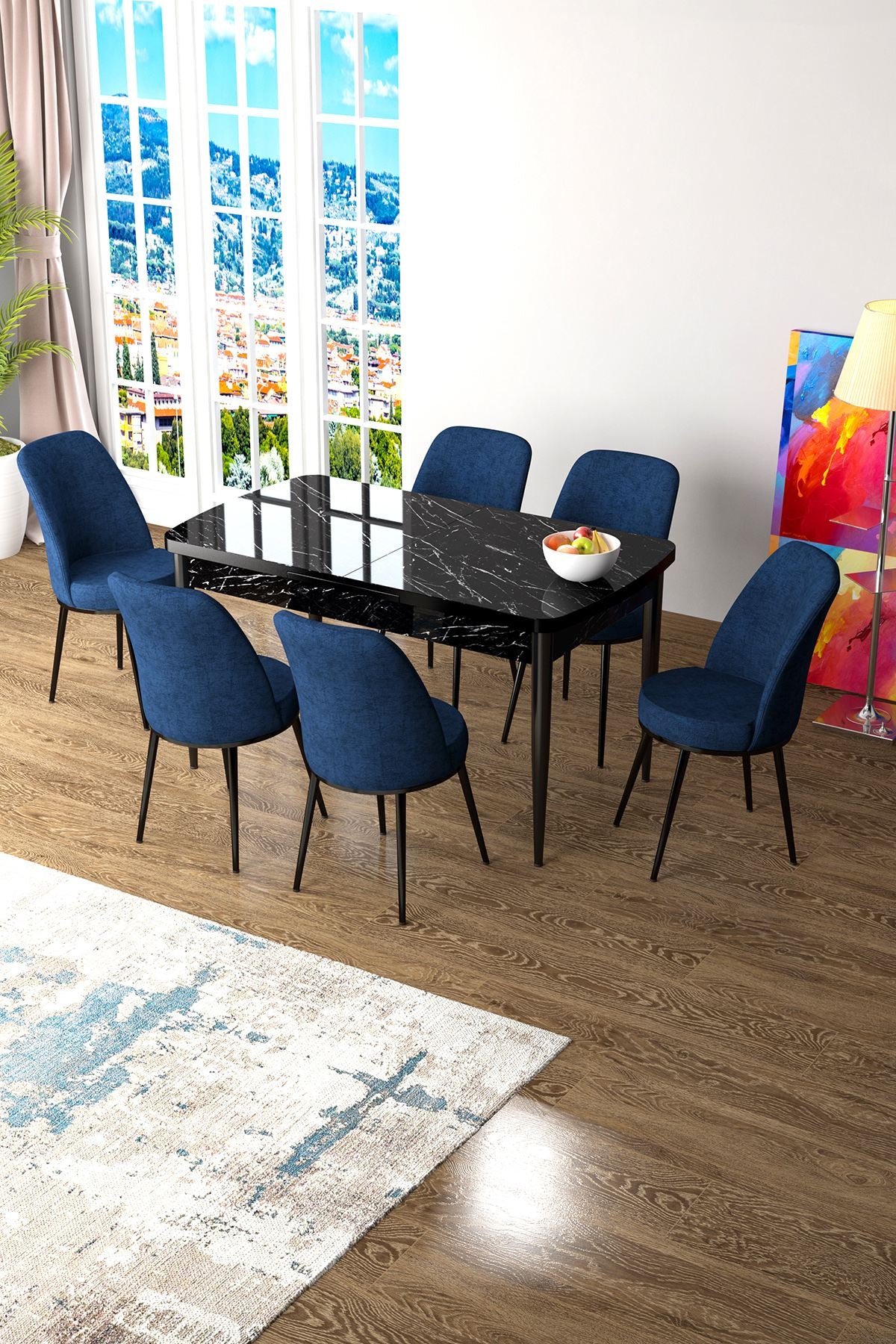 Conjunto de mesa de jantar extensível e cadeiras (7 peças)-Zen-Mármore Preto
Azul Marinho