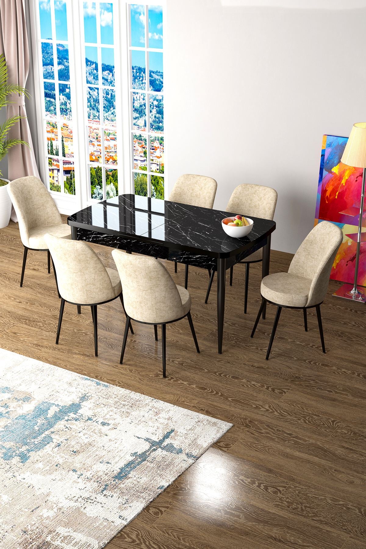 Conjunto de mesa de jantar extensível e cadeiras (7 peças)-Zen-Mármore Preto
Creme