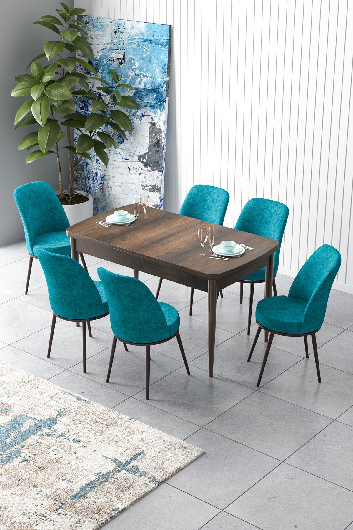 Conjunto de mesa de jantar extensível e cadeiras (7 peças)-Zen-Barroco
Turquesa