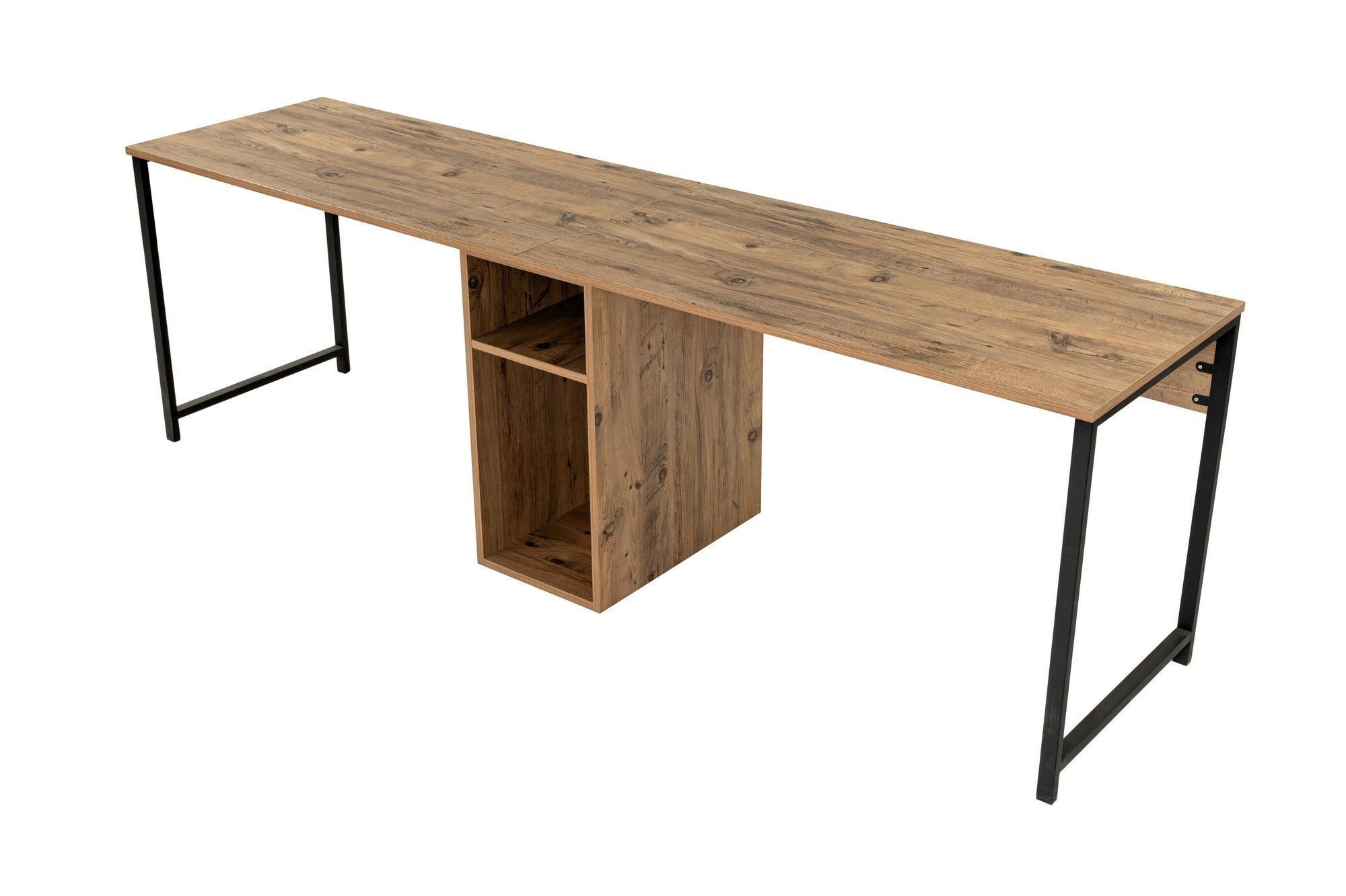 Secretária de Estudo/Escritório elegante, pinho atlântico e preto, 240 x 60 x 74 cm | 100% revestida em melamina, 18 mm de espessura, pernas com pintura eletrostática a pó | Montável na parede com prateleiras
