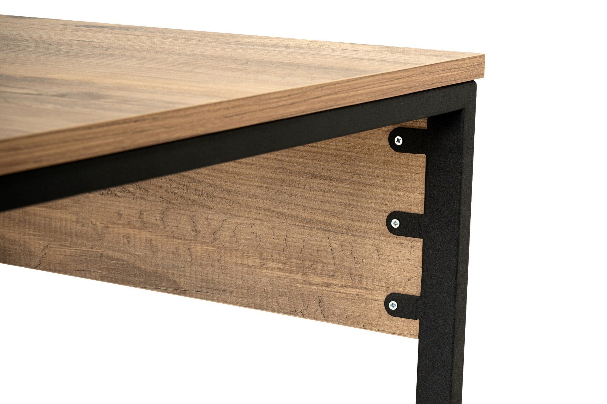 Secretária de Estudo/Escritório elegante, pinho atlântico e preto, 240 x 60 x 74 cm | 100% revestida em melamina, 18 mm de espessura, pernas com pintura eletrostática a pó | Montável na parede com prateleiras