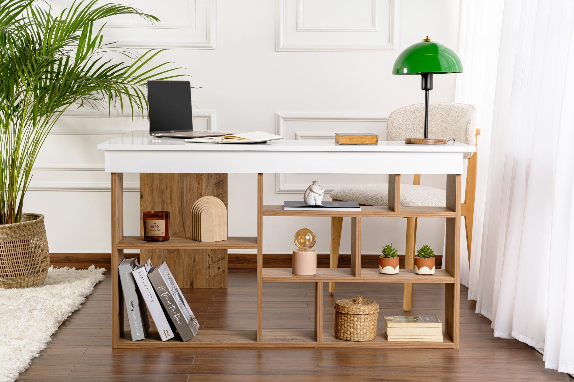 Secretária de Estudo/Escritório Elegante, Branca e Pinho Atlântico, 130 x 72 x 120 cm | Aglomerado 100% Revestido em Melamina, 18 mm de Espessura | Ideal para Escritórios e Escritórios Modernos
