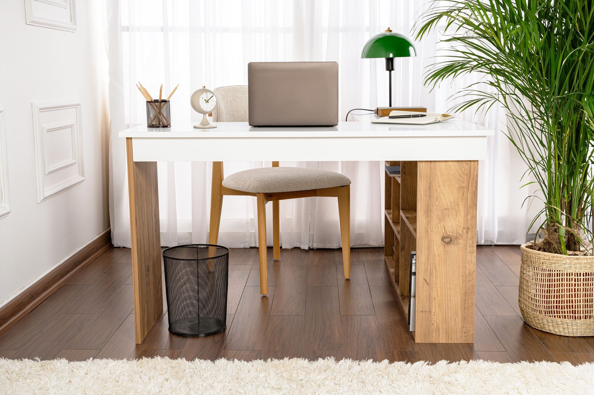 Secretária de Estudo/Escritório Elegante, Branca e Pinho Atlântico, 130 x 72 x 120 cm | Aglomerado 100% Revestido em Melamina, 18 mm de Espessura | Ideal para Escritórios e Escritórios Modernos