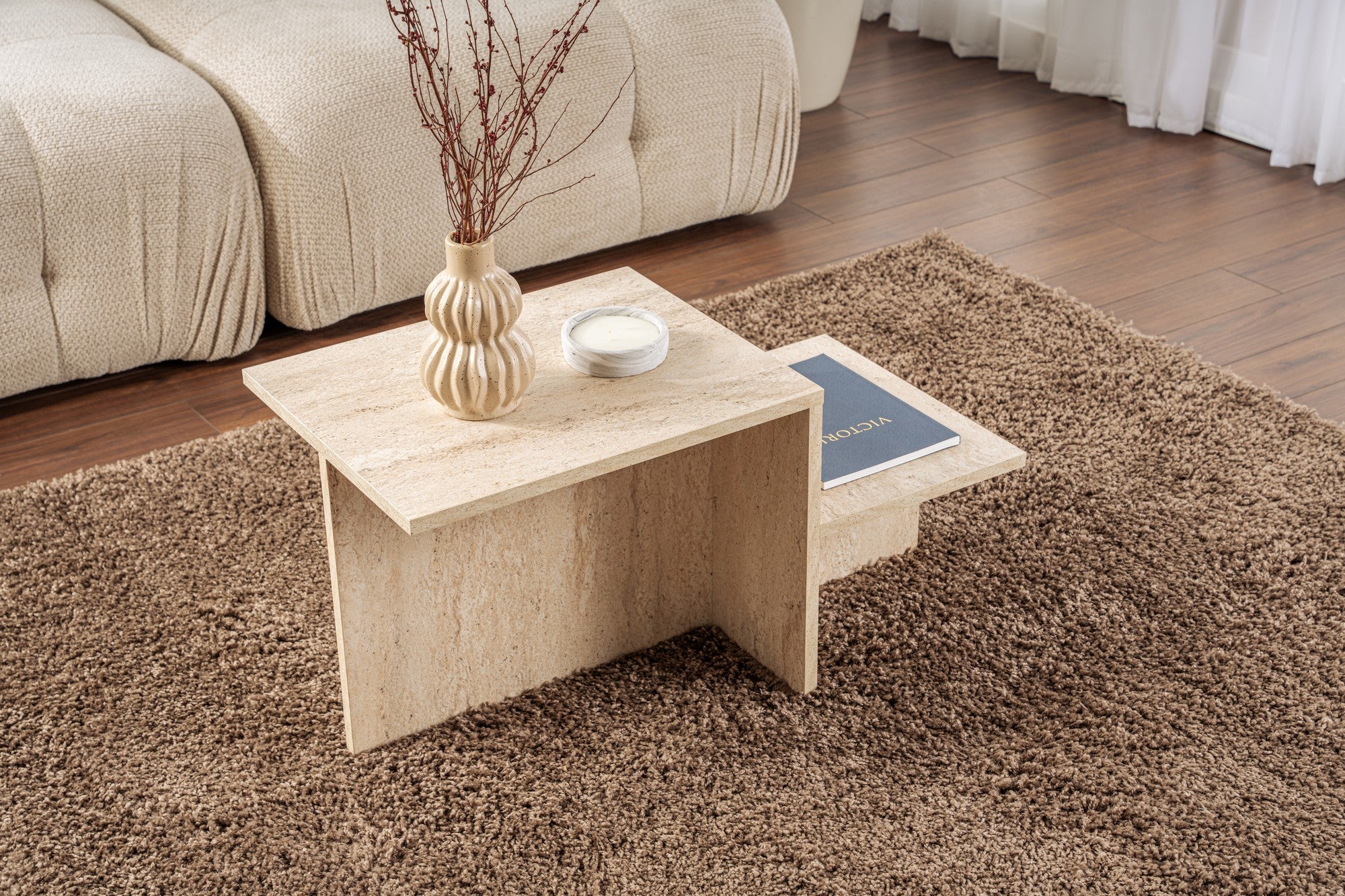 Mesa de Centro Elegante, Cor Travertino, 80 x 40 x 40 cm | Painel de Partículas 100% Revestido em Melamina, 18 mm de Espessura | Design Elegante em Mármore para Espaços Modernos