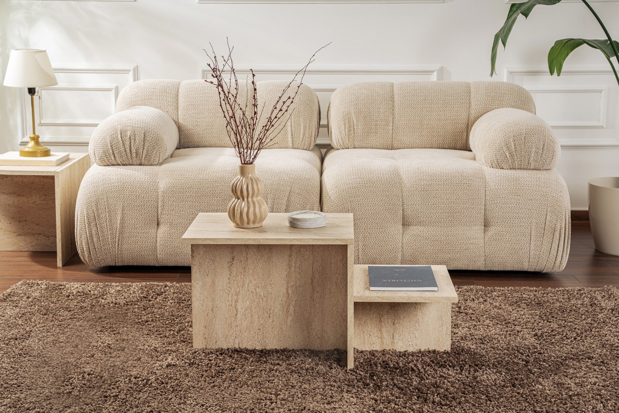 Mesa de Centro Elegante, Cor Travertino, 80 x 40 x 40 cm | Painel de Partículas 100% Revestido em Melamina, 18 mm de Espessura | Design Elegante em Mármore para Espaços Modernos