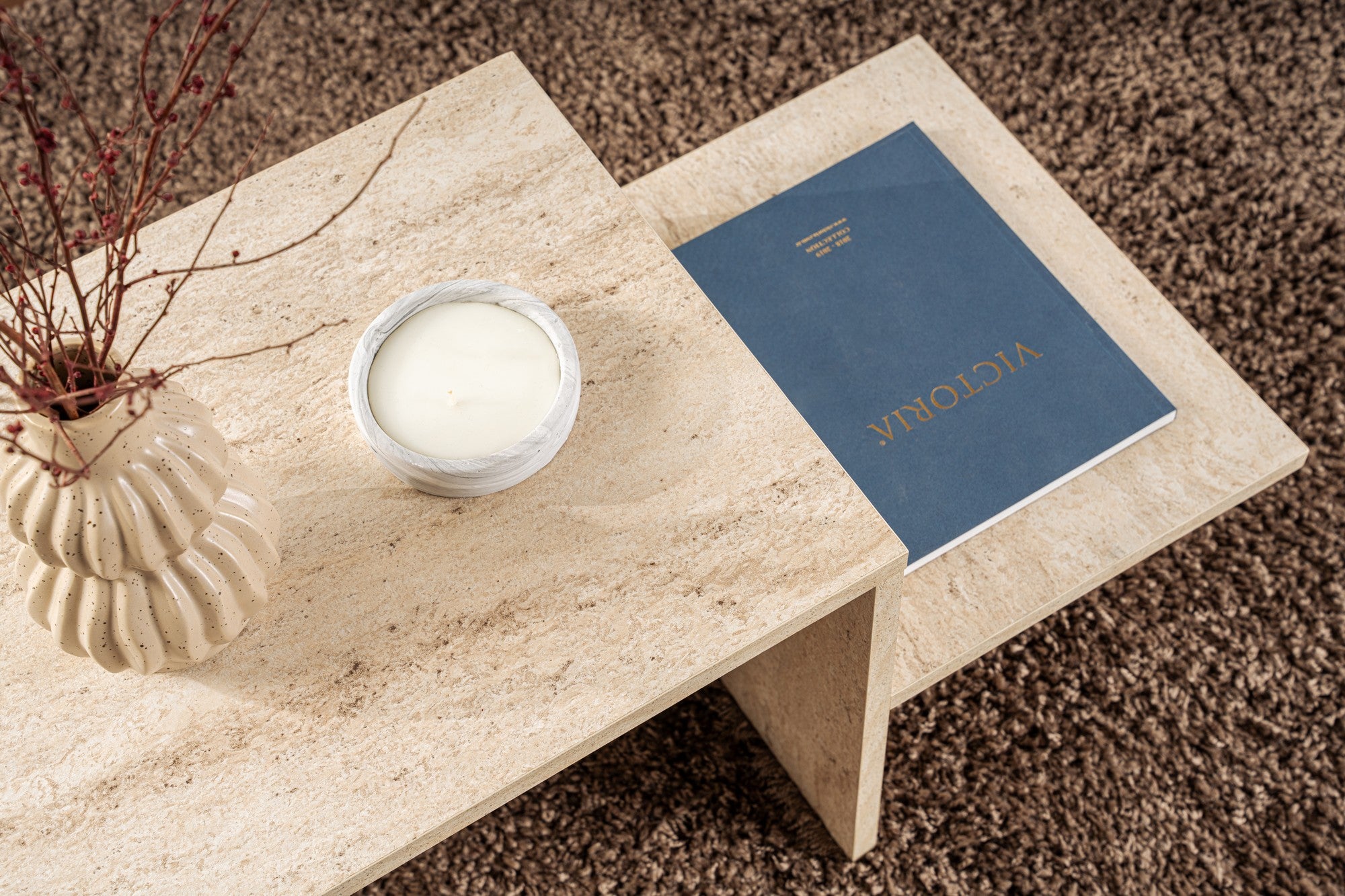 Mesa de Centro Elegante, Cor Travertino, 80 x 40 x 40 cm | Painel de Partículas 100% Revestido em Melamina, 18 mm de Espessura | Design Elegante em Mármore para Espaços Modernos