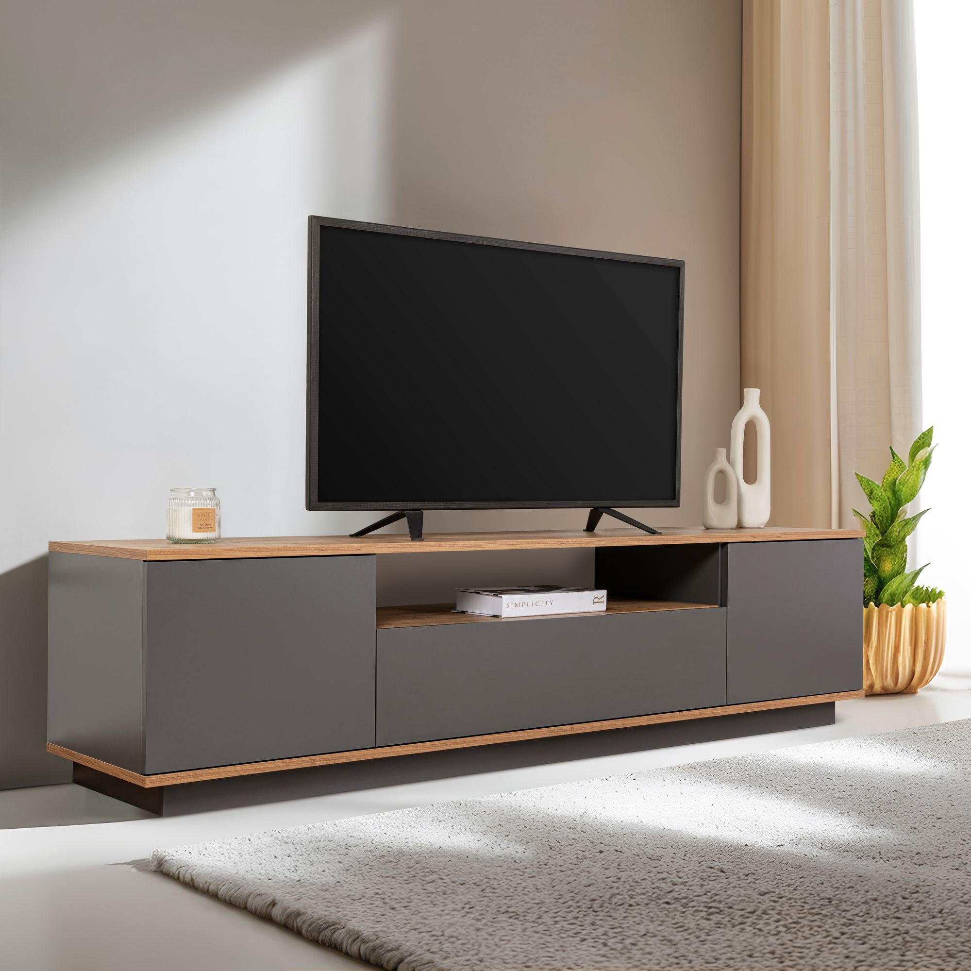 Suporte de TV elegante, 180 cm, antracite e pinho do Atlântico | Painel de partículas 100% revestido de melamina, 18 mm de espessura | Design moderno para salas de estar e espaços de entretenimento