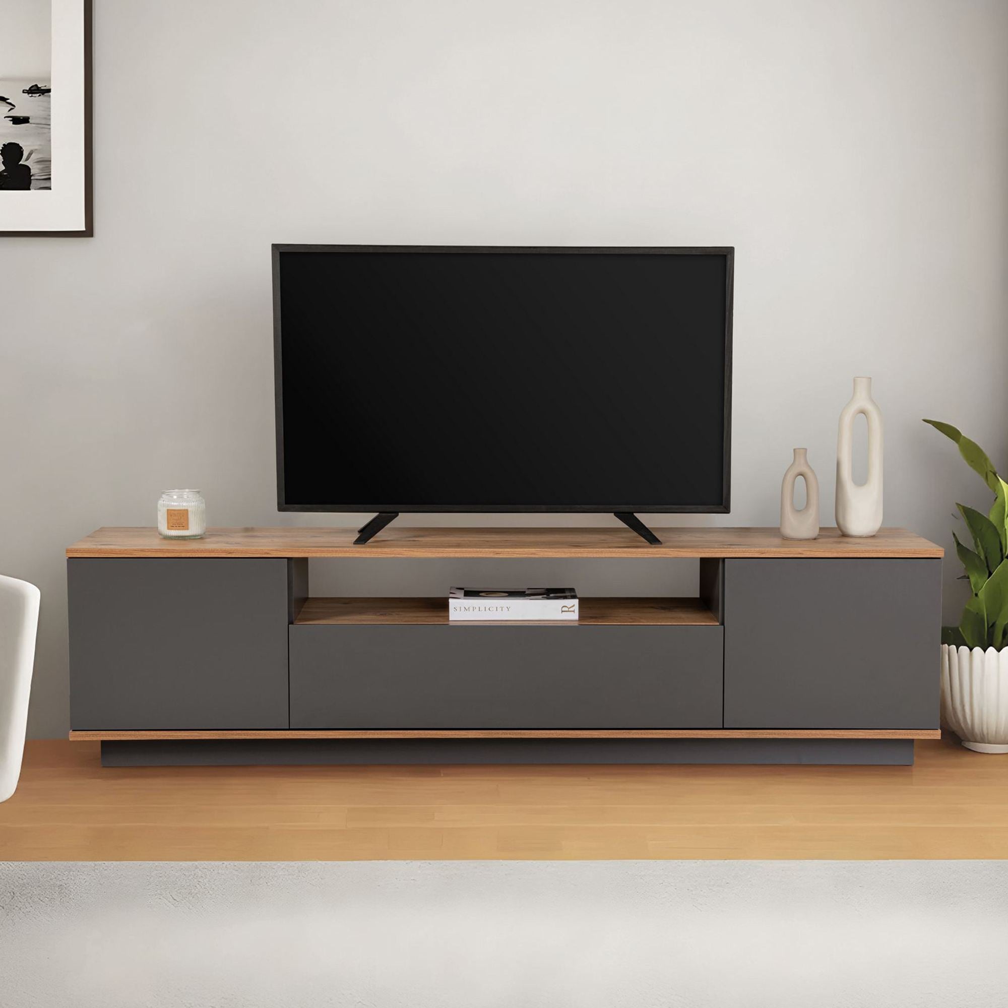 Suporte de TV elegante, 180 cm, antracite e pinho do Atlântico | Painel de partículas 100% revestido de melamina, 18 mm de espessura | Design moderno para salas de estar e espaços de entretenimento