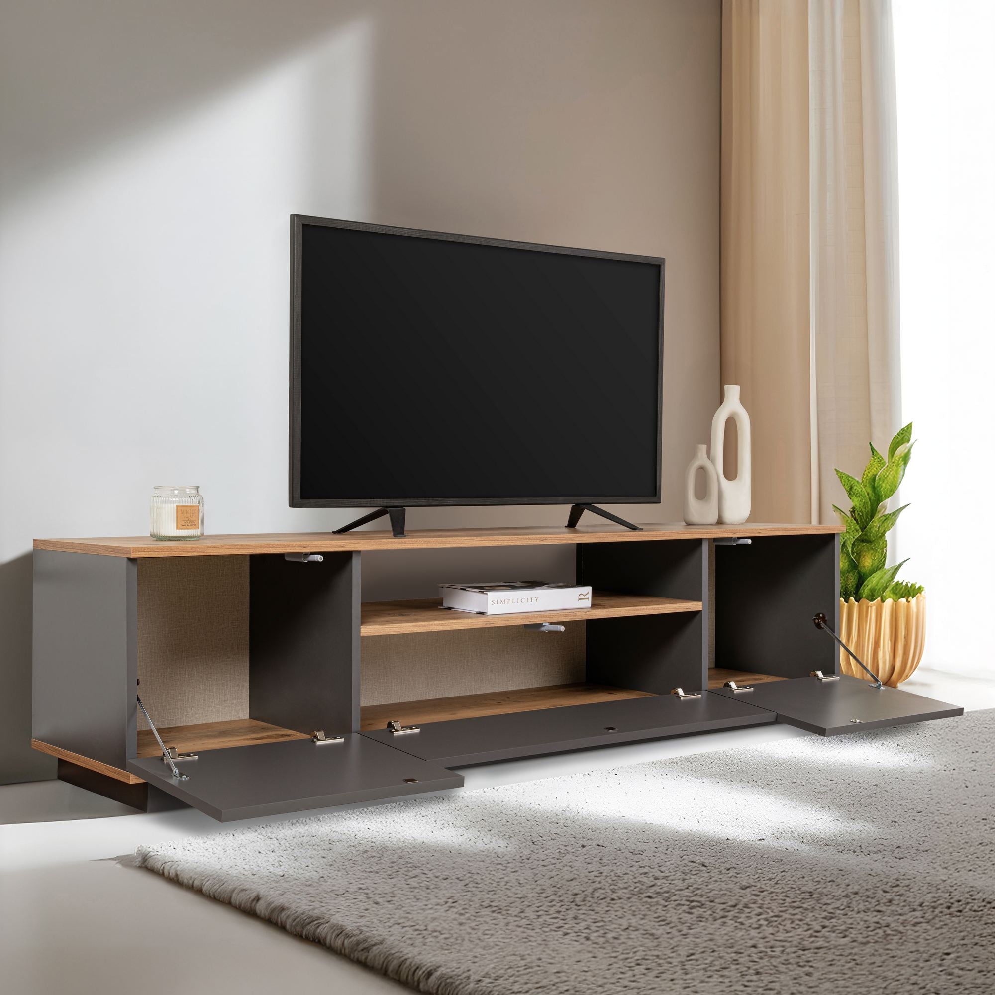 Suporte de TV elegante, 180 cm, antracite e pinho do Atlântico | Painel de partículas 100% revestido de melamina, 18 mm de espessura | Design moderno para salas de estar e espaços de entretenimento