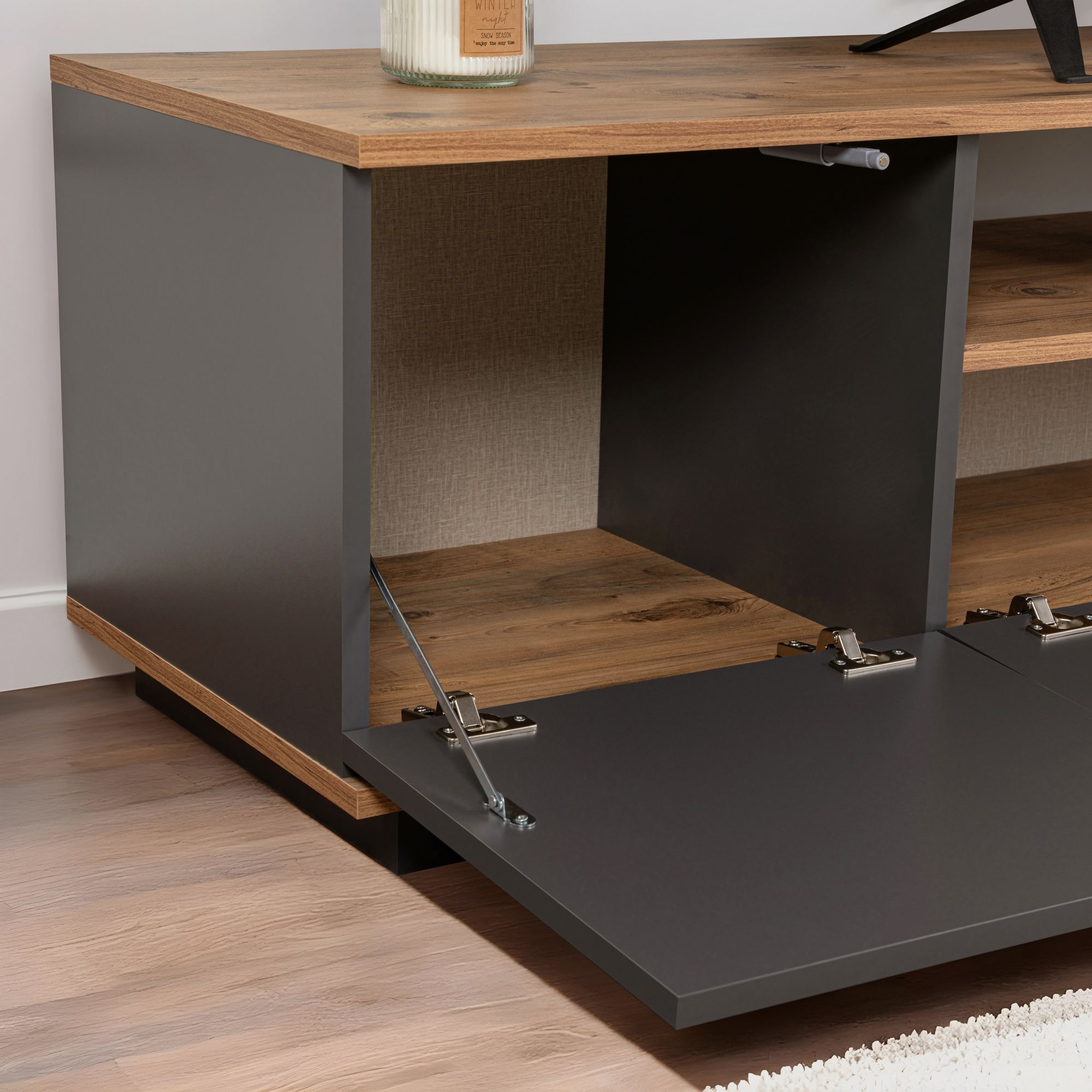 Suporte de TV elegante, 180 cm, antracite e pinho do Atlântico | Painel de partículas 100% revestido de melamina, 18 mm de espessura | Design moderno para salas de estar e espaços de entretenimento