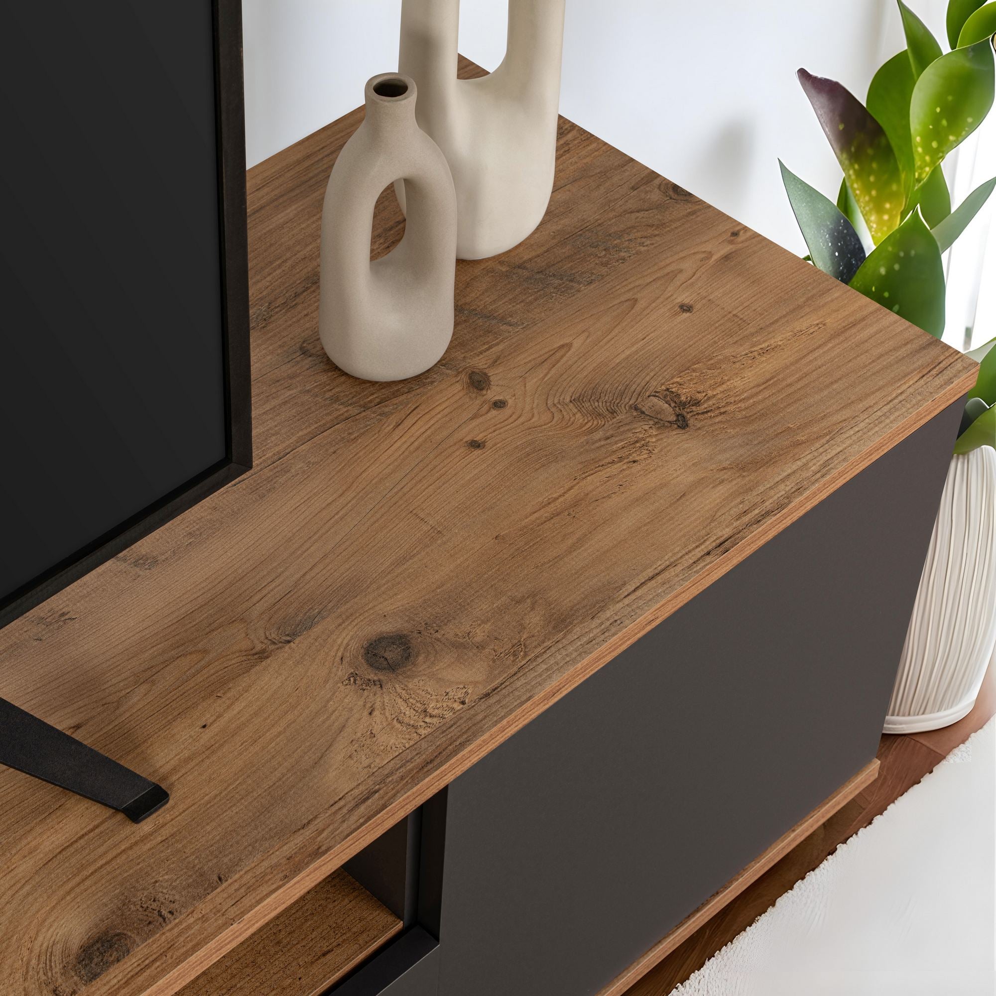 Suporte de TV elegante, 180 cm, antracite e pinho do Atlântico | Painel de partículas 100% revestido de melamina, 18 mm de espessura | Design moderno para salas de estar e espaços de entretenimento