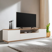Suporte de TV elegante, 180 cm de largura, branco e pinho atlântico | Painel de partículas 100% revestido de melamina, 18 mm de espessura | Perfeito para salas de estar e áreas de entretenimento modernas
