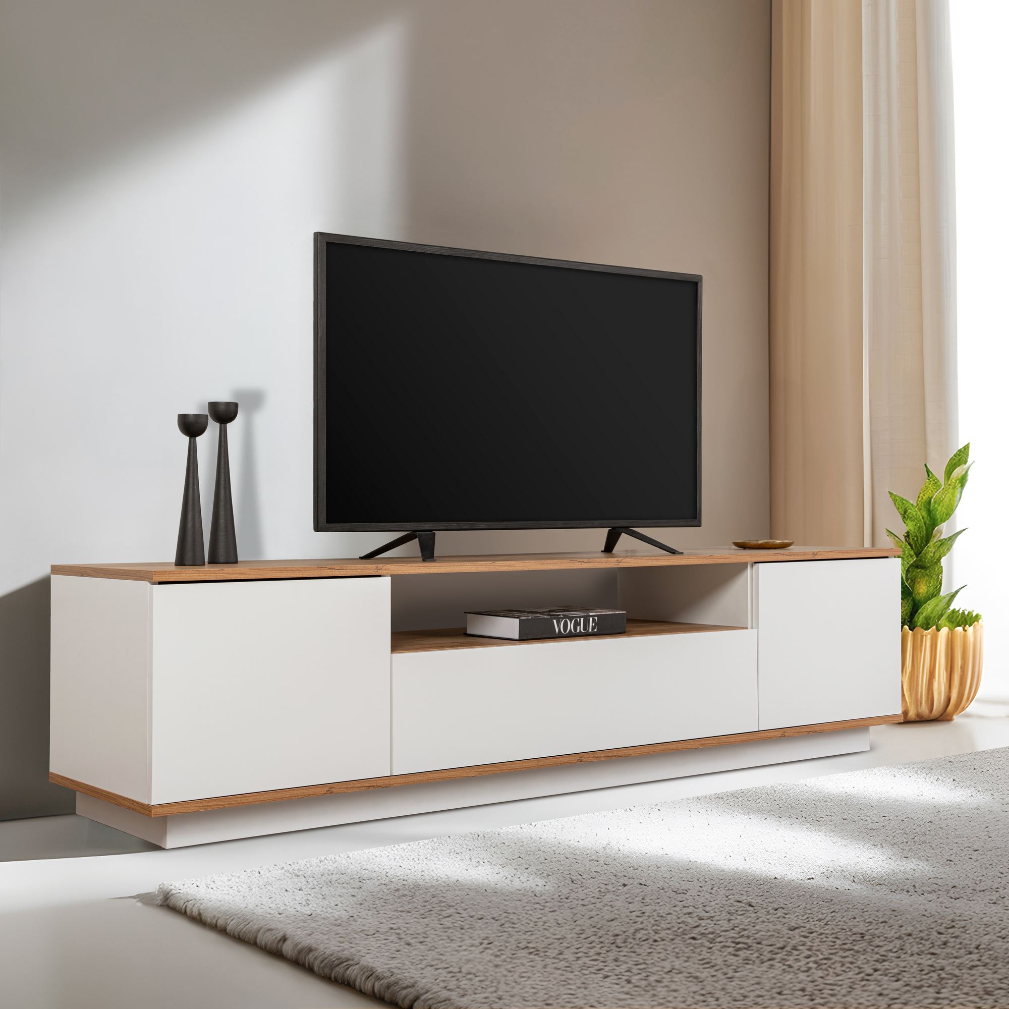Suporte de TV elegante, 180 cm de largura, branco e pinho atlântico | Painel de partículas 100% revestido de melamina, 18 mm de espessura | Perfeito para salas de estar e áreas de entretenimento modernas