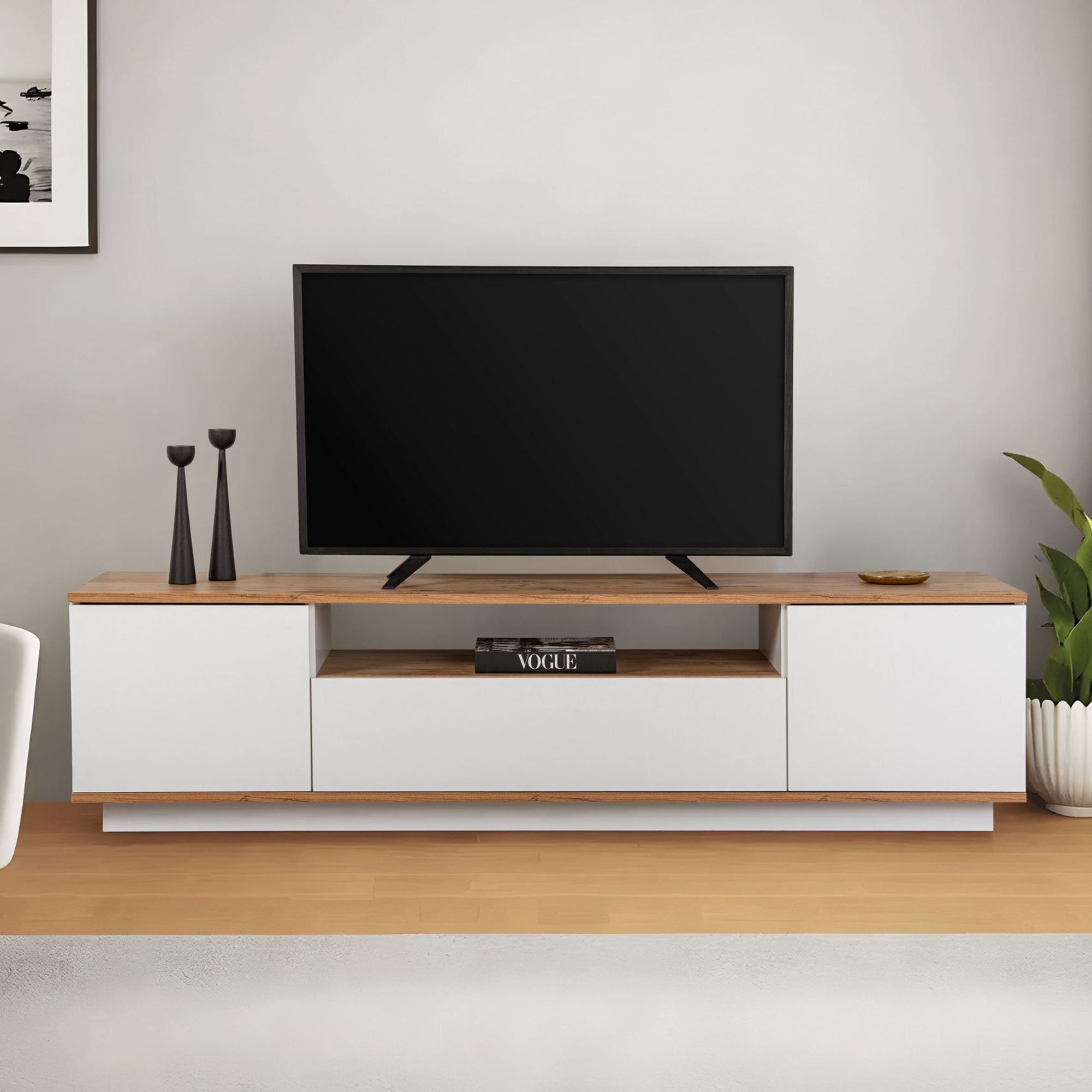 Suporte de TV elegante, 180 cm de largura, branco e pinho atlântico | Painel de partículas 100% revestido de melamina, 18 mm de espessura | Perfeito para salas de estar e áreas de entretenimento modernas