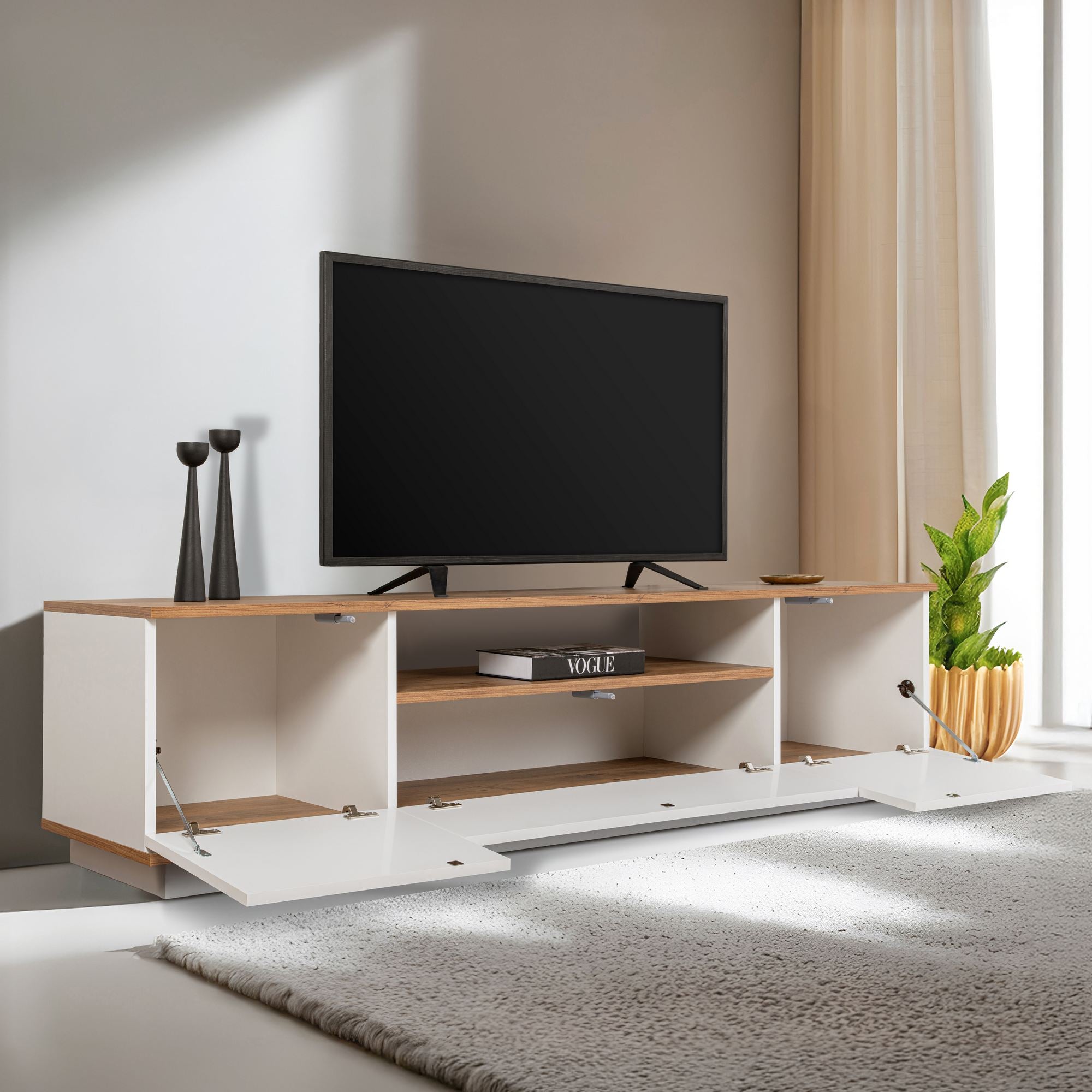 Suporte de TV elegante, 180 cm de largura, branco e pinho atlântico | Painel de partículas 100% revestido de melamina, 18 mm de espessura | Perfeito para salas de estar e áreas de entretenimento modernas