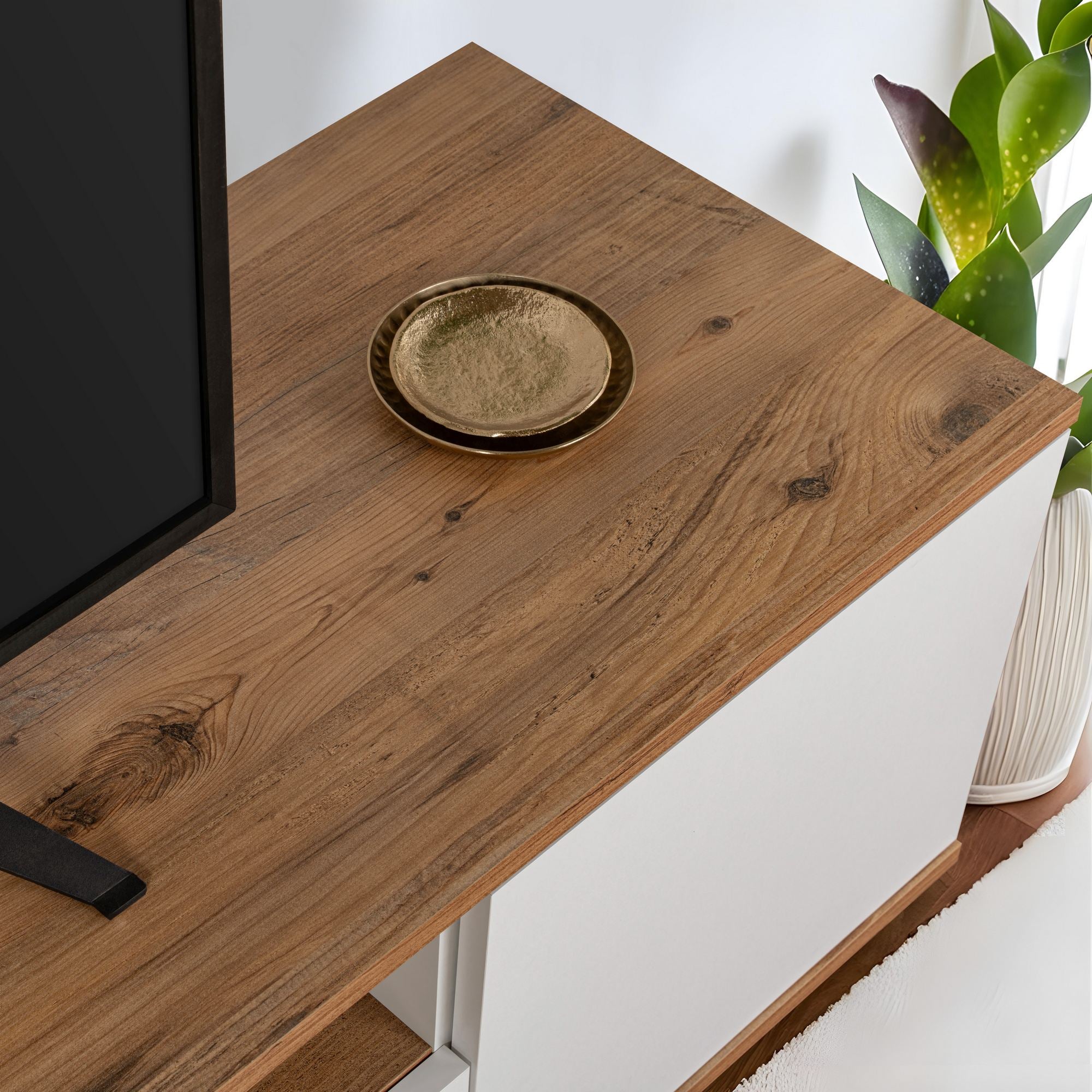 Suporte de TV elegante, 180 cm de largura, branco e pinho atlântico | Painel de partículas 100% revestido de melamina, 18 mm de espessura | Perfeito para salas de estar e áreas de entretenimento modernas