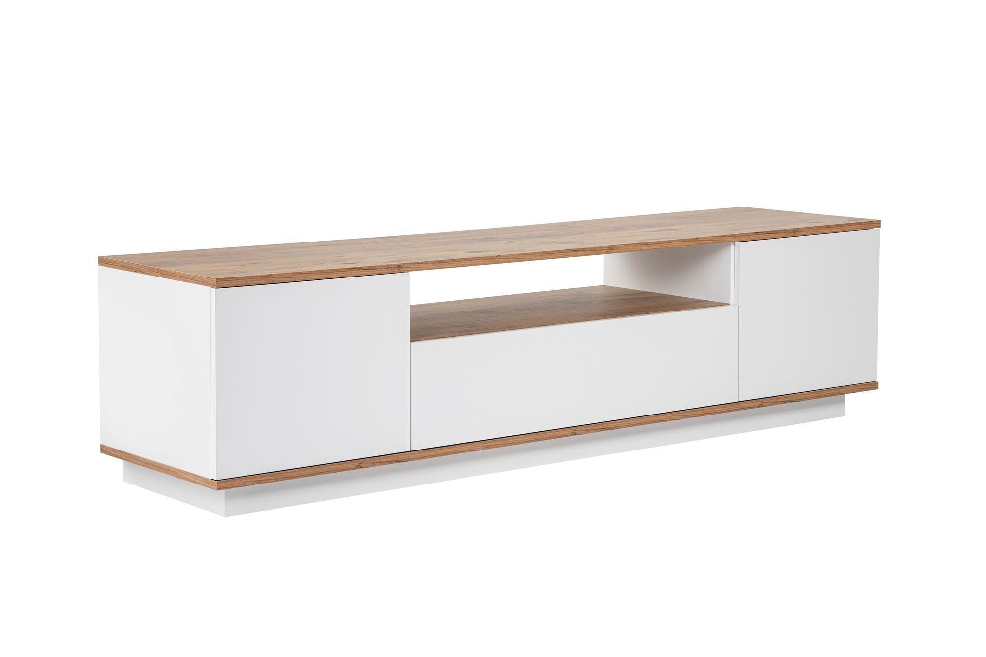 Suporte de TV elegante, 180 cm de largura, branco e pinho atlântico | Painel de partículas 100% revestido de melamina, 18 mm de espessura | Perfeito para salas de estar e áreas de entretenimento modernas