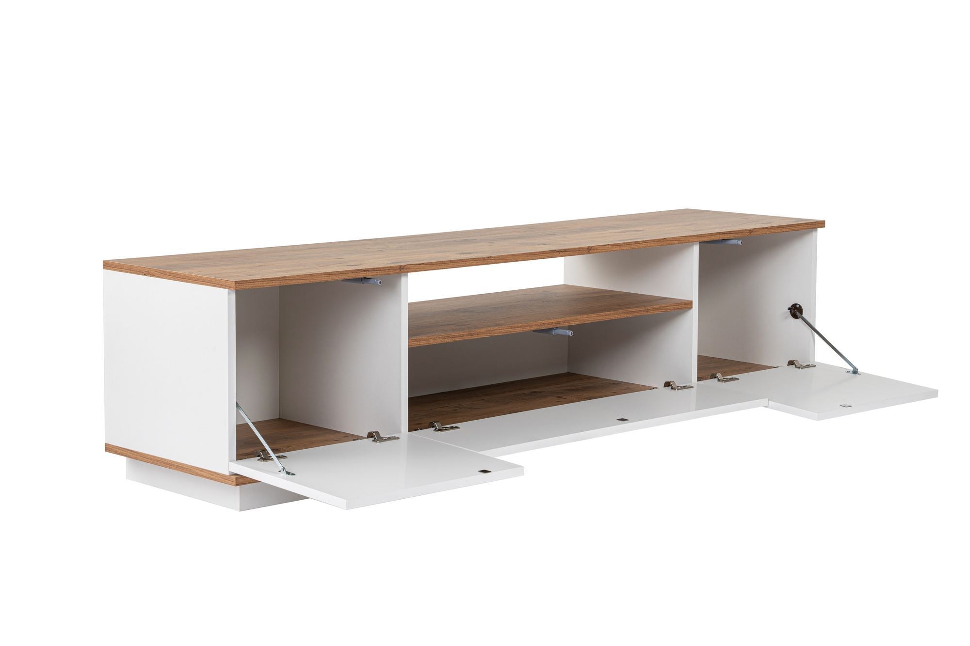 Suporte de TV elegante, 180 cm de largura, branco e pinho atlântico | Painel de partículas 100% revestido de melamina, 18 mm de espessura | Perfeito para salas de estar e áreas de entretenimento modernas